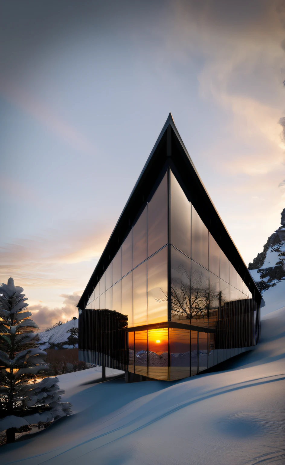 ((masterpiece, best quality)), 8k, modern architecture style, photo realistic, david chipperfield, hyper detailed photo, single box, a digital 3d render of a building, Glass building, leansflare, Snow mountain, Sunset or dawn