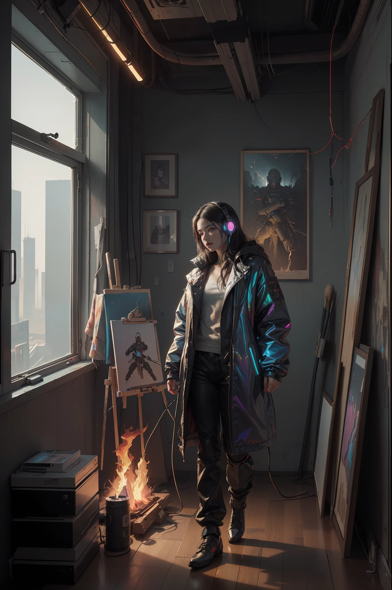 (masterpiece, best quality, highres, absurdres, detailed:1.2), humanoid, robot, wearing headphones, looking away, (cyberpunk, art canvas, paint brush, easel, iridescent, holographic: 1.6), (cables, wires, flames, fire, smoke, overheat, explosion, indoors, room, simple background)