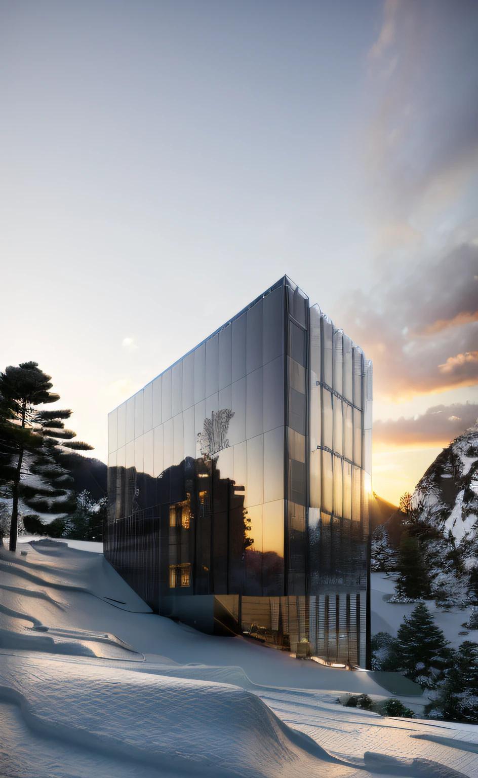 ((masterpiece, best quality)), 8k, modern architecture style, photo realistic, david chipperfield, hyper detailed photo, single box, a digital 3d render of a building, Glass building, leansflare, Snow mountain, Sunset or dawn