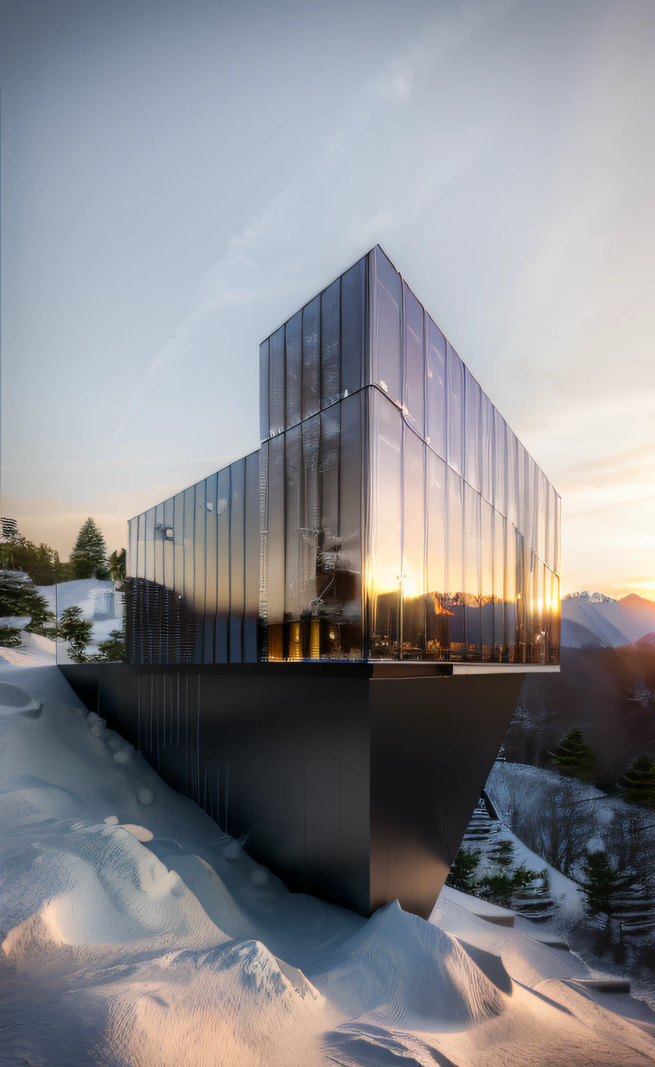 ((masterpiece, best quality)), 8k, modern architecture style, photo realistic, david chipperfield, hyper detailed photo, single box, a digital 3d render of a building, Glass building, leansflare, Snow mountain, Sunset or dawn