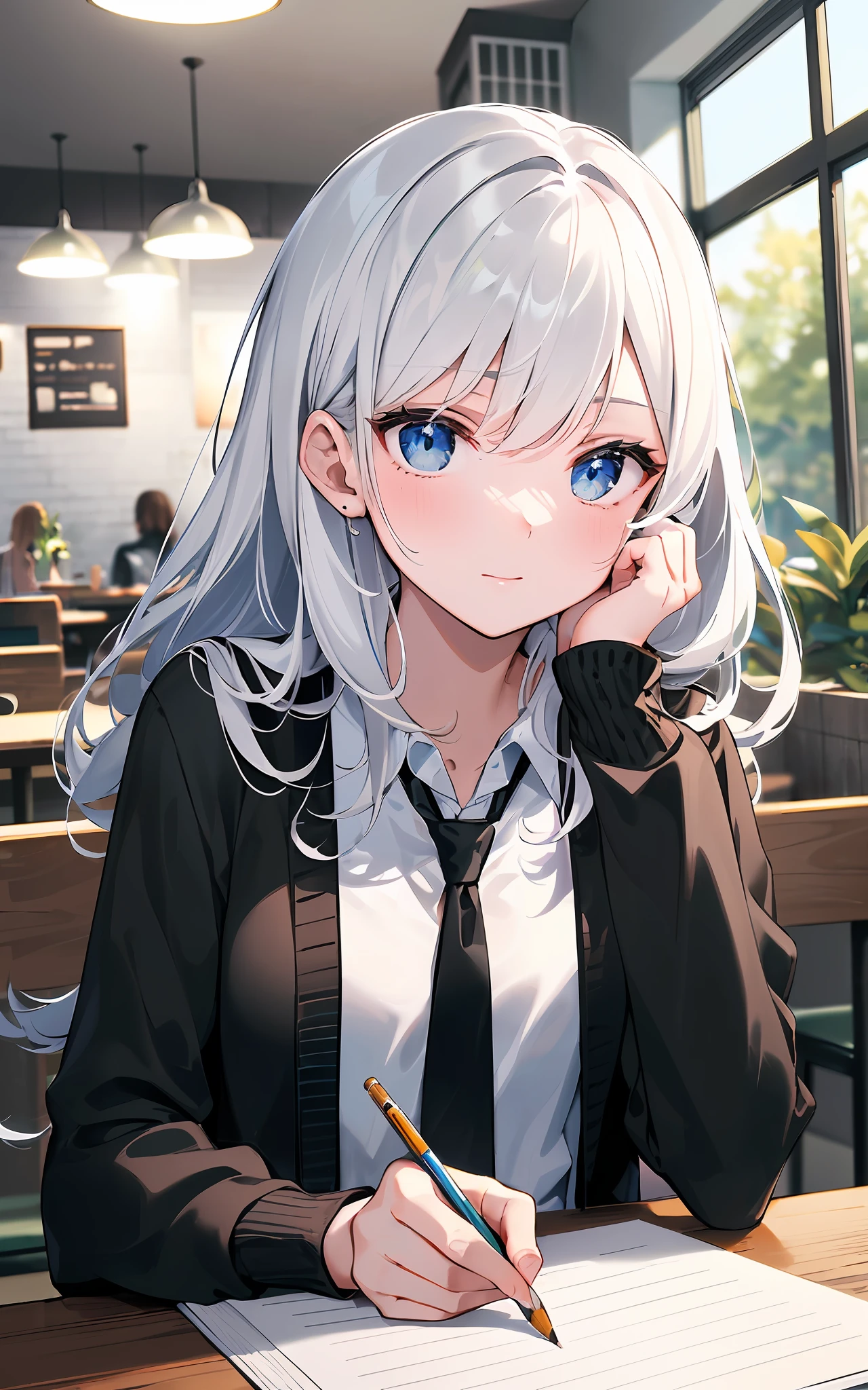 (Masterpiece, Best quality:1.3), Ultra-detailed, ((An extremely delicate and beautiful)), (finely detailed beautiful face and eyes:1.2), Cinematic lighting, Overexposure, (1girll, Solo), White hair, Blue eyes, frizzy hair, Long hair, Slender, Small breasts, (Black cardigan:1.1), white  shirt, black necktie, faceted, Indoors, (Cafe:1.3), (Coffee cup on the table, Pencil and paper on the table), Depth of field