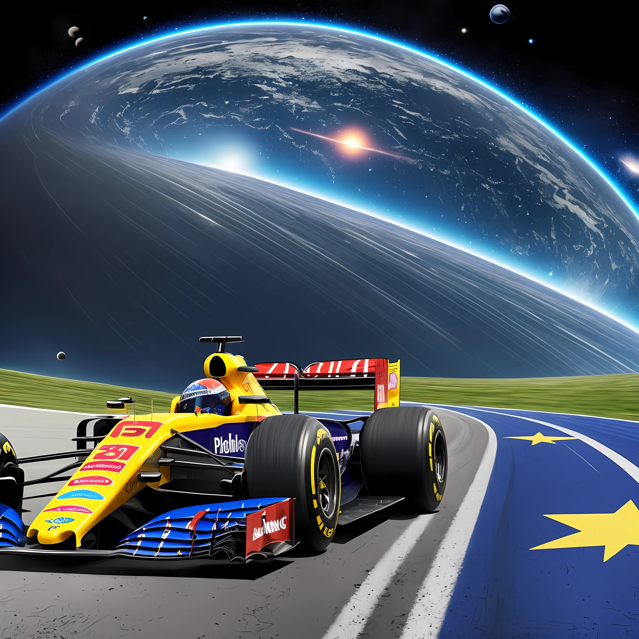 "Describe the electrifying scene of a Formula 1 car sliding at high speed on a track floating in outer space. The car, with its streamlined design and vibrant colors, seems to be in perfect harmony with the cosmic environment around it.
The spacetrack, surrounded by twinkling stars and distant galaxies, seems illuminated by an ethereal light that underscores its challenging curves. It stretches on a winding and exciting path, offering unique challenges to the brave pilot who ventures into space.
The atmosphere around the Formula 1 car pulsates with energy and movement. Bright blue sparks are left behind as high-grip tires tear through the void of space, conveying a sense of unparalleled speed and power.
The deafening sound of the engine echoes through the cosmos, merging with the silent immensity of space. The car's turbine releases jets of intense propulsion, propelling the vehicle forward with incredible force.
The pilot, with his futuristic helmet, is fully focused on the space race. His reflexes are fast and precise as he deftly navigates the curved stretches of the track, taking advantage of the weightlessness to reach impressive speeds.
As the Formula 1 car moves through outer space, it leaves a luminous trail of bright colors and shimmering rays, as if painting the cosmos with its audacious passage.
The scene captures the perfect combination of extreme speed and cosmic beauty, showing the fusion of the sporting challenge of Formula 1 with the grandeur of the universe. The image conveys a sense of excitement, adrenaline and a sense of exploration beyond terrestrial limits, realistic photography, (low photo: 1.2), detail, 16K, in the background the planet earth, (to8contrast style), (MIST: 0.7), perfect image, cinema image, bright colors, Sony a6600 mirrorless camera, beautify2 ." --auto --v 6 --s2