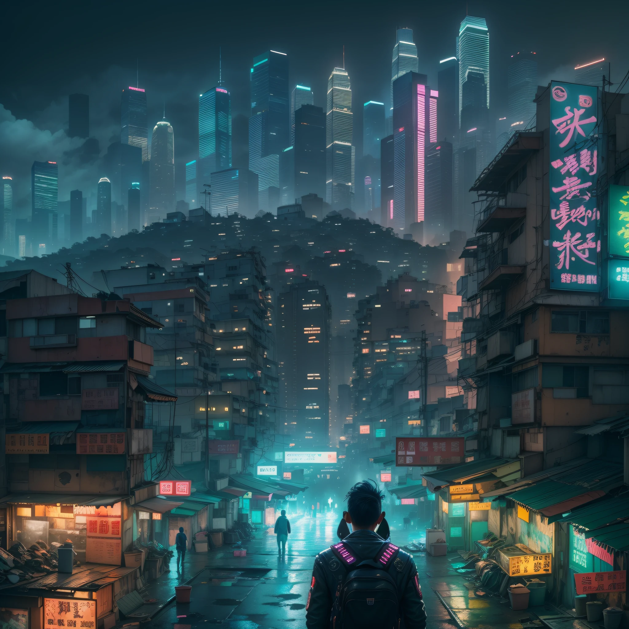 Hong Kong's Street, cyberpunk, vapor punk, a man, from the back, looking at the skyscrapers, helpless and lonely, centered, long distance, raining, (extremely detailed:1.2), (intricate neon slums in the background:1.1), hyper-detailed, (soft lighting:1.2), high resolution, realistic, filmic grain, ray tracing, Masterpiece, 8K, RAW.