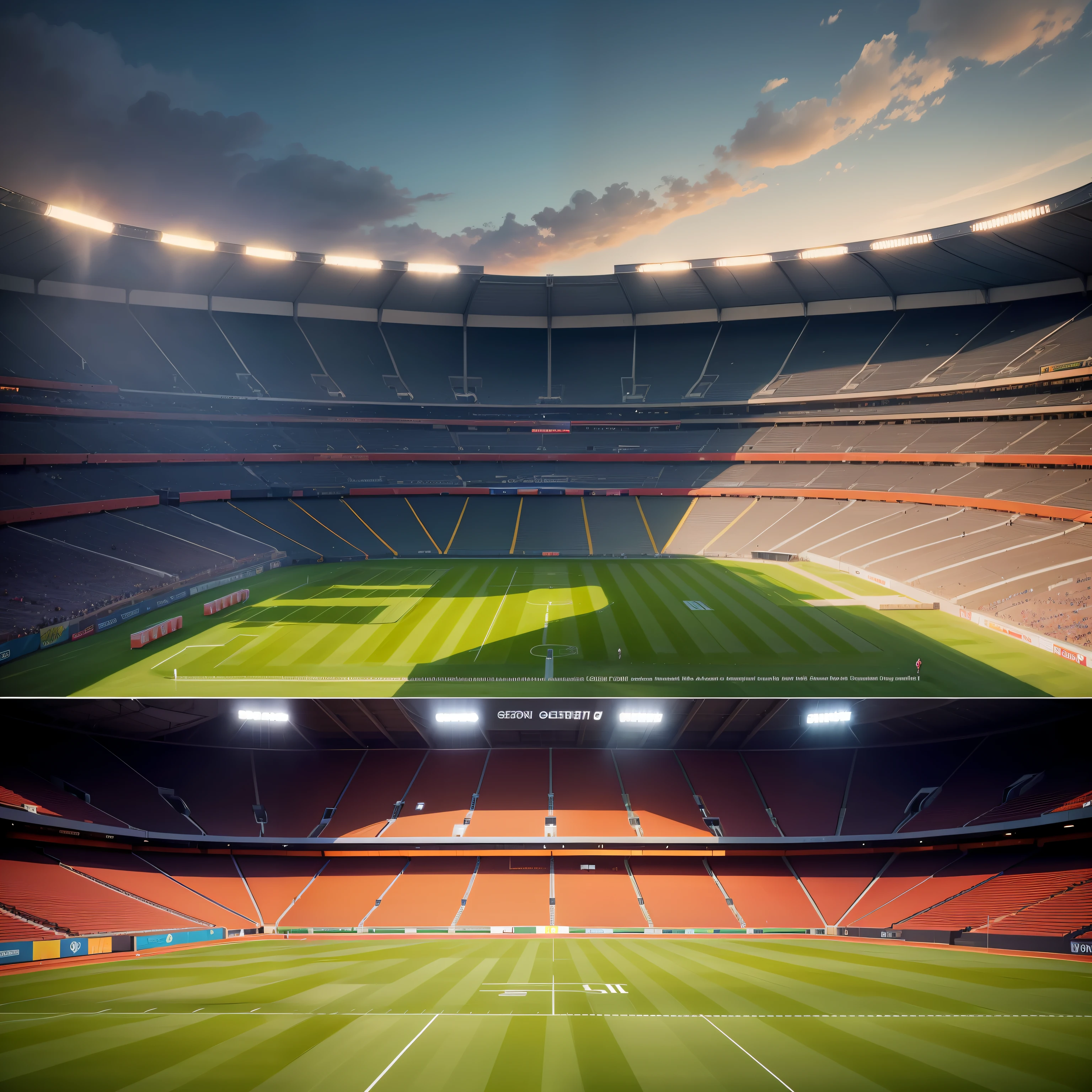a large stadium with a green field and lots of lights, stadium landscape, dramatic stadium lighting, football stadium, bela atmosfera, atmosfera deslumbrante, epic stunning atmosphere, stadium setting, atmosfera noturna, atmosfera vibrante, atmosfera brilhante e feliz, atmosfera deslumbrante, stadium, the atmosphere is cheerful, art deco stadium, warm glow coming the ground, magical ambiance, Arena esportiva futurista, atmosfera intensa --auto
