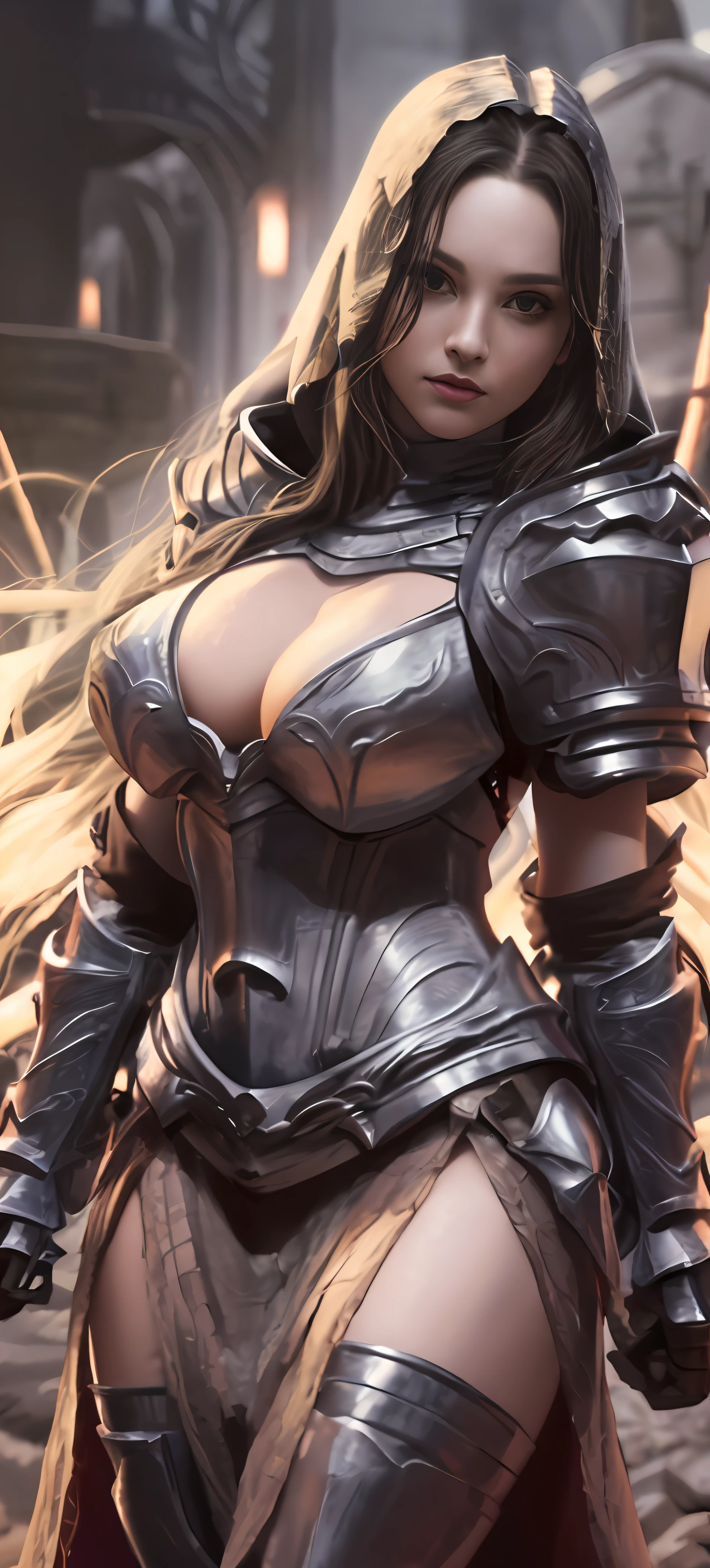 a woman in a suit of armor,Wearing a sword and hood, bikini armor female knight, Armor Girl, of a beautiful female knight, thick armor, Female knight, karol bak uhd, artgerm detailed, Extremely detailed Artgerm, beautiful female knight, girl in knight armor, Beautiful armor, Art germ. High detail, pale black armor