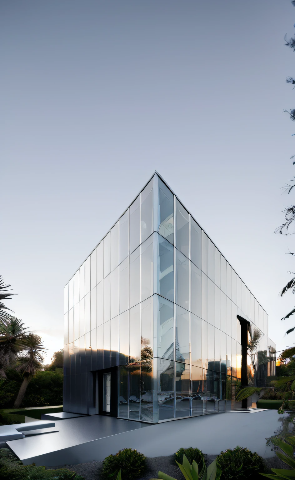 ((obra-prima, melhor qualidade)), 8k, estilo de arquitetura moderna futurista, Foto realista, ArqSalvador, fotografia hiperdetalhada, Single mirrored black glass box building, 3D digital rendering of a building, mirrored black glass building, Leansflare, Montanha de neve, pinheiros altos,  sunset or dawn, 8k muito detalhe, ultrarrealista | | |,