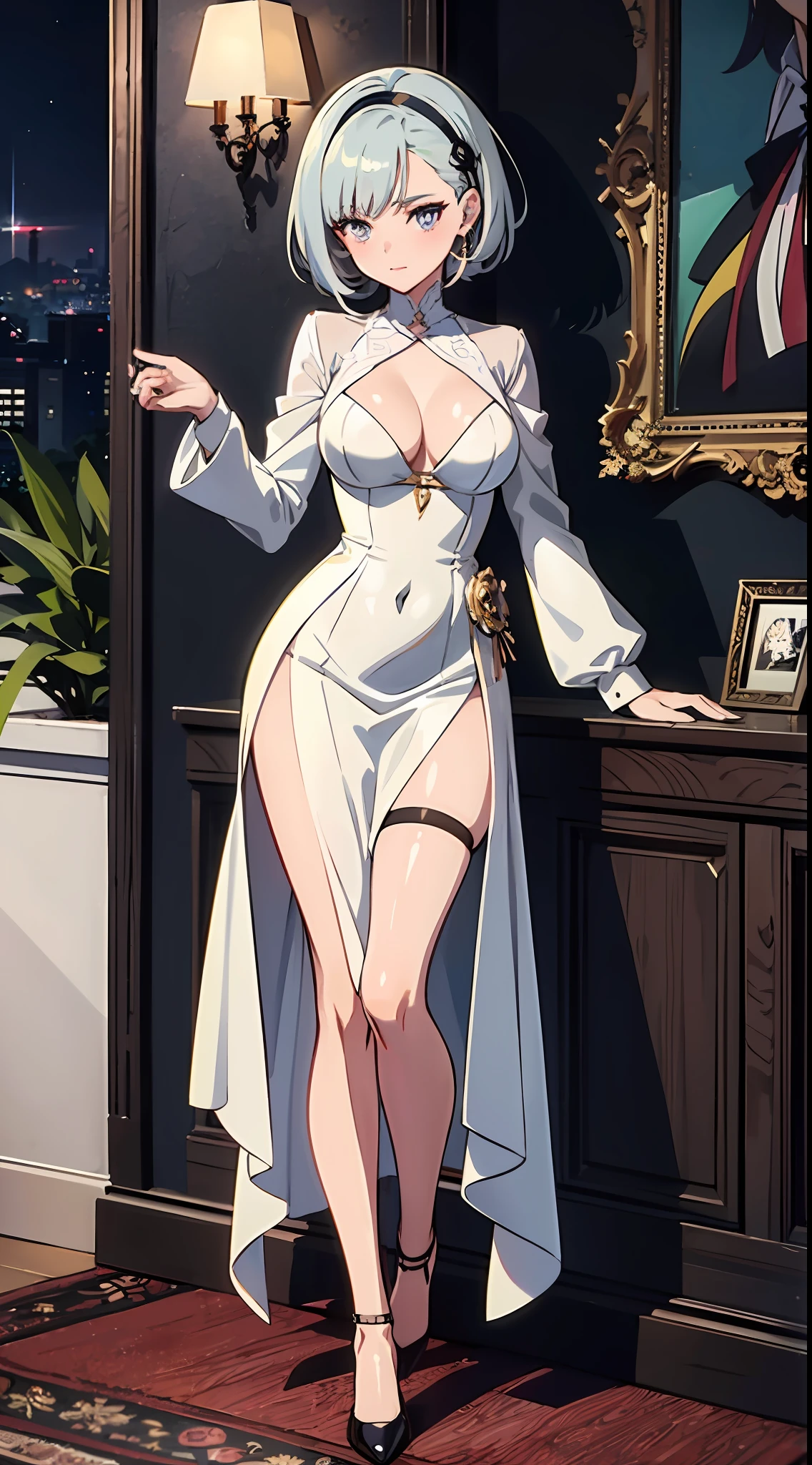 "A stylish and confident anime woman in a beautiful white long-sleeved business dress matched along with black stockings and heels showcasing a full body art. She is in her early 20s and possesses the charm and charisma of a glamorous Digimon character and has glamorous short silver hair, with the essence of a captivating female anime character. The illustration captures her vibrant personality, unique feminine style along with her petiteness. The setting is inside of a gorgeous mansion."