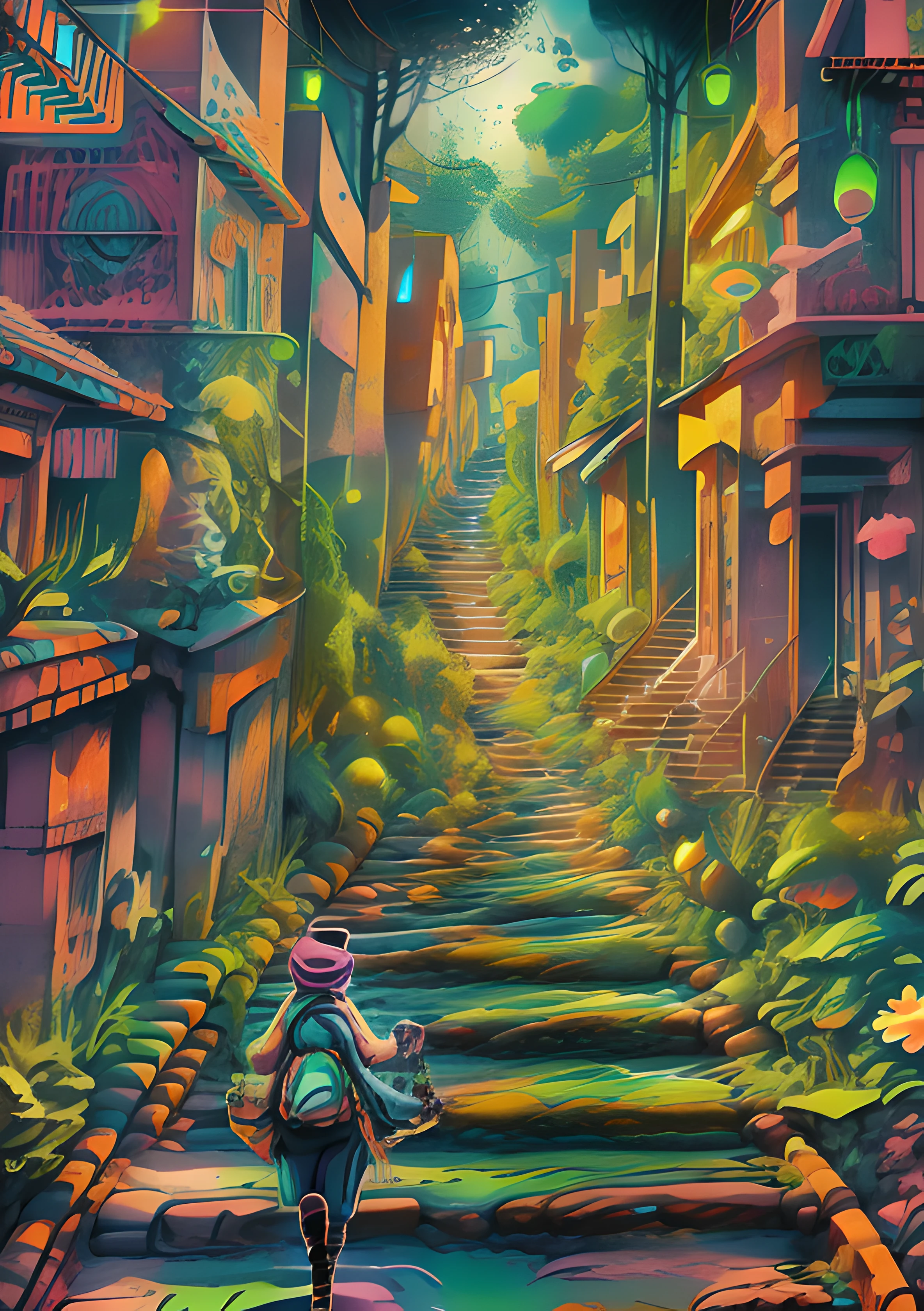 ((Masterpiece)), (Best Quality)), 8K, high detail, hyper-detail,a psychedelic painting of a town of Veridium, a harmonious blend of natural splendor and groundbreaking technology has given birth to a breathtaking futuristic utopia. Walking down the bustling streets, one is enveloped in a symphony of vibrant technicolor lights and the humming whispers of autonomous vehicles gliding through magnetic tracks.While strolling through the town, bioluminescent roadways guide pedestrians and cyclists with their soft, captivating glow. Vibrant flora delicately entwines with the sparkling infrastructure, truly blurring the boundaries between urbanization and nature. Visitors can be seen sipping their Vitamin-infused 'breath of life' smoothies, derived from the air-purifying plants interspersed amidst the avenues.The town square transforms into a surreal entertainment hub as the sun gently sets, with enchanting holographic performances captivating both young and old. Embracing the ethos of sustainability, floating drones project dazzling light shows powered by advanced bioluminescence, synchronized with mesmerizing music, creating a hypnotic symphony of art and science.psychedelic art,alex grey ,fractal art .