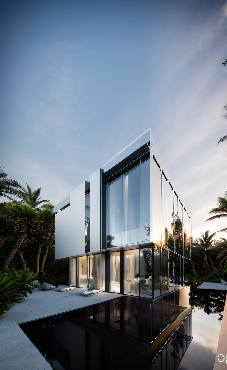 ((obra-prima, melhor qualidade)), 8k, estilo de arquitetura moderna futurista, Foto realista, ArqSalvador, fotografia hiperdetalhada, Single mirrored black glass box building, 3D digital rendering of a building, mirrored black glass building, Leansflare, Montanha de neve, pinheiros altos, sunset or dawn, 8k muito detalhe, ultrarrealista | | |,