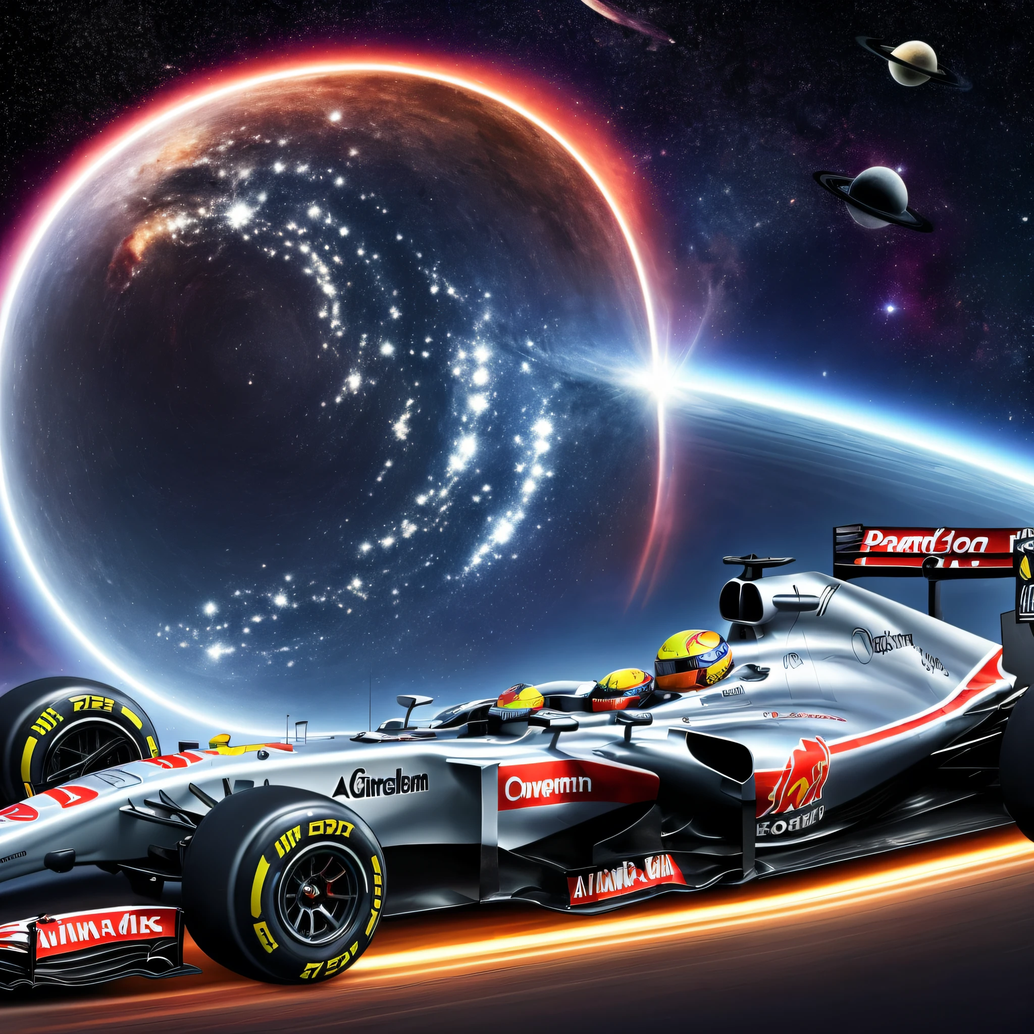 "Describe the electrifying scene of a Formula 1 car sliding at high speed on a track floating in outer space. The car, with its streamlined design and vibrant colors, seems to be in perfect harmony with the cosmic environment around it.

The spacetrack, surrounded by twinkling stars and distant galaxies, seems illuminated by an ethereal light that underscores its challenging curves. It stretches on a winding and exciting path, offering unique challenges to the brave pilot who ventures into space.

The atmosphere around the Formula 1 car pulsates with energy and movement. Bright blue sparks are left behind as high-grip tires tear through the void of space, conveying a sense of unparalleled speed and power.

The deafening sound of the engine echoes through the cosmos, merging with the silent immensity of space. The car's turbine releases jets of intense propulsion, propelling the vehicle forward with incredible force.

The pilot, with his futuristic helmet, is fully focused on the space race. His reflexes are fast and precise as he deftly navigates the curved stretches of the track, taking advantage of the weightlessness to reach impressive speeds.

As the Formula 1 car moves through outer space, it leaves a luminous trail of bright colors and shimmering rays, as if painting the cosmos with its audacious passage.

The scene captures the perfect combination of extreme speed and cosmic beauty, showing the fusion of the sporting challenge of Formula 1 with the grandeur of the universe. The image conveys a sense of excitement, adrenaline and a sense of exploration beyond terrestrial limits, realistic photography, (low photo: 1.2), detail, 16K, in the background the planet earth, (to8contrast style), (MIST: 0.7), perfect image, cinema image, bright colors, Sony a6600 mirrorless camera, beautify2 ." --auto --v 6 --s2