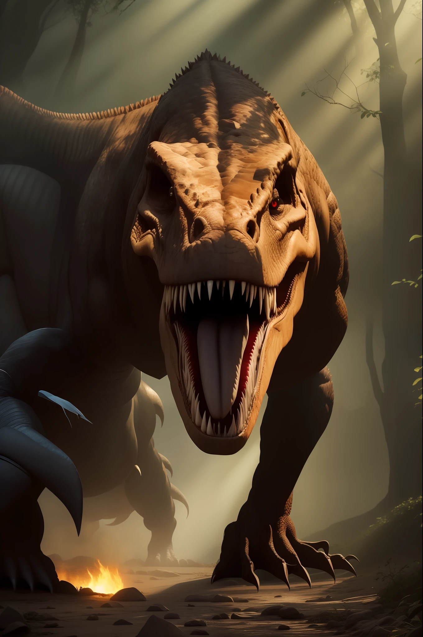 "Masterpiece of a T-Rex dinosaur in a menacing pose, com a boca aberta em um rugido feroz. A pele do T-Rex deve ser escura, com tons de preto, cinza e marrom, tornando-a extremamente realista. Lighting should be dramatically cinematic, with a strong light focus coming from above and slightly from behind, criando sombras profundas em alguns lugares para ressaltar os detalhes do dinossauro e aumentar o drama da cena. Garanta que cada escama e detalhe da pele do T-Rex esteja bem definido e que seus olhos estejam cheios de ferocidade e intensidade. A cena de fundo deve ser um ambiente sombrio e misterioso, com alguns elementos naturais para dar contexto, like distant trees and a rocky landscape. The final image should look as realistic as possible and make the viewer feel like they're in front of a real T-Rex, prestes a atacar."