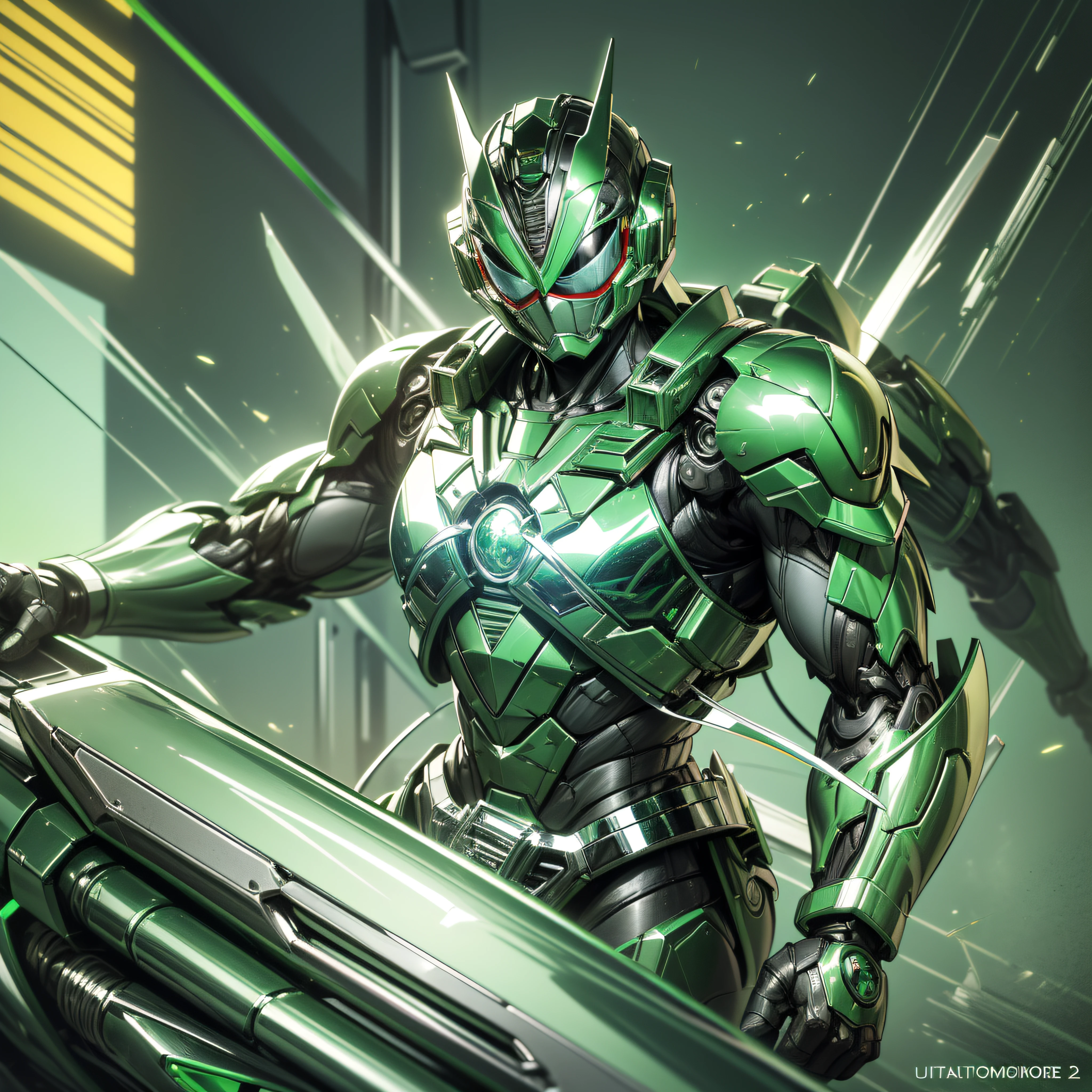 Handsome man, made of Green metal, (Green Cyborg: 1.1), (((Green Power Ranger's style helmet with chrome face plate))), ([Tail | Detail Wire]: 1.3), (Complex Detail), HDR, (Complex Detail, Ultra Detail: 1.2), Cinematic Shot, Masterpiece, Best Quality, High Resolution, Vaginal Foreign Object Insertion, Centering