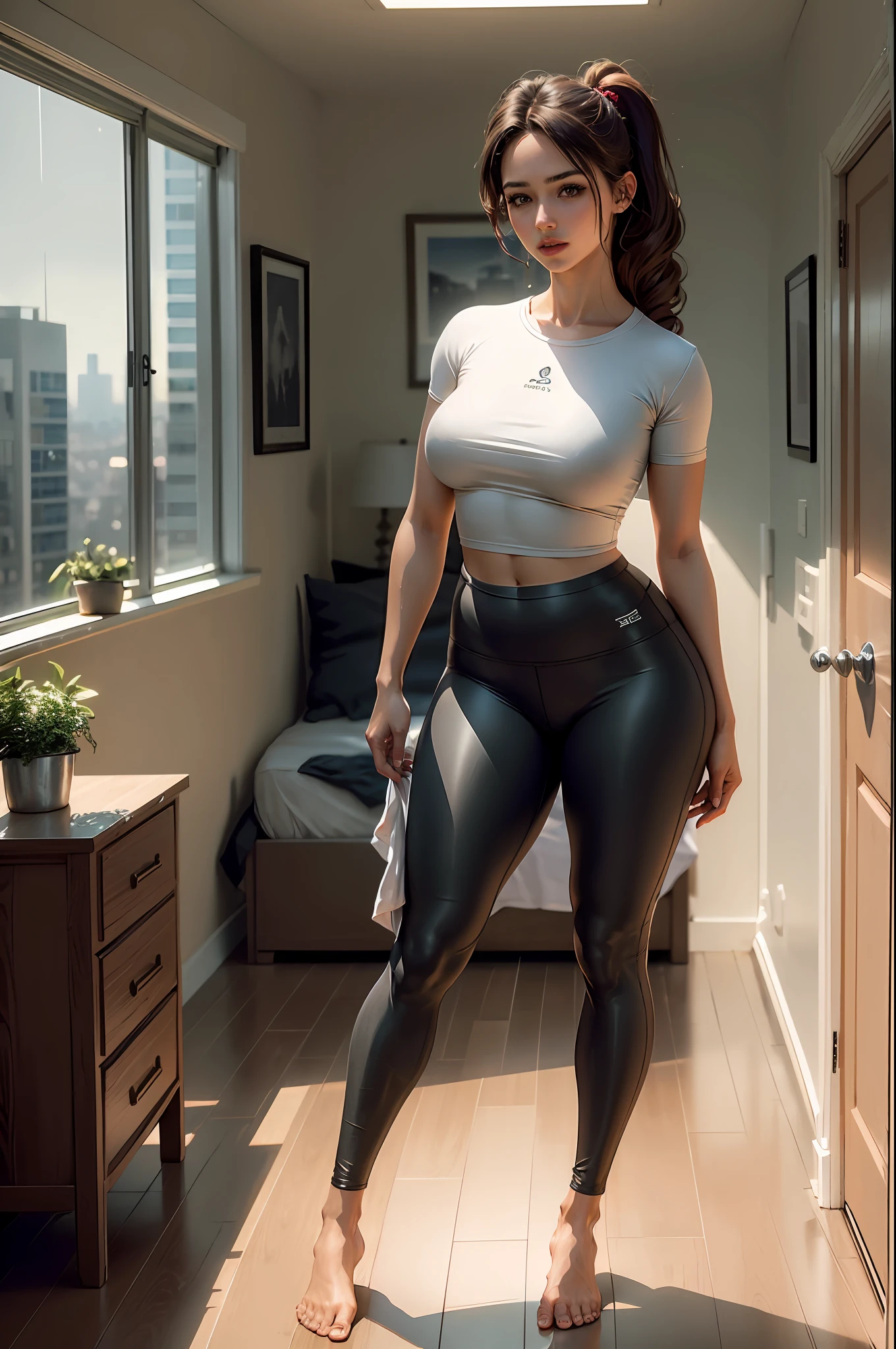 4k highly detailed realistic ((full body including legs)) photo of beautiful 18 year old girl, ((sharp jawline)) and perky tits, in wet clothes standing by the bedroom window in a tall building with white walls in a wet white basic teeshirt with a tight yoga pants, Camel toe. Full length tee-shirt