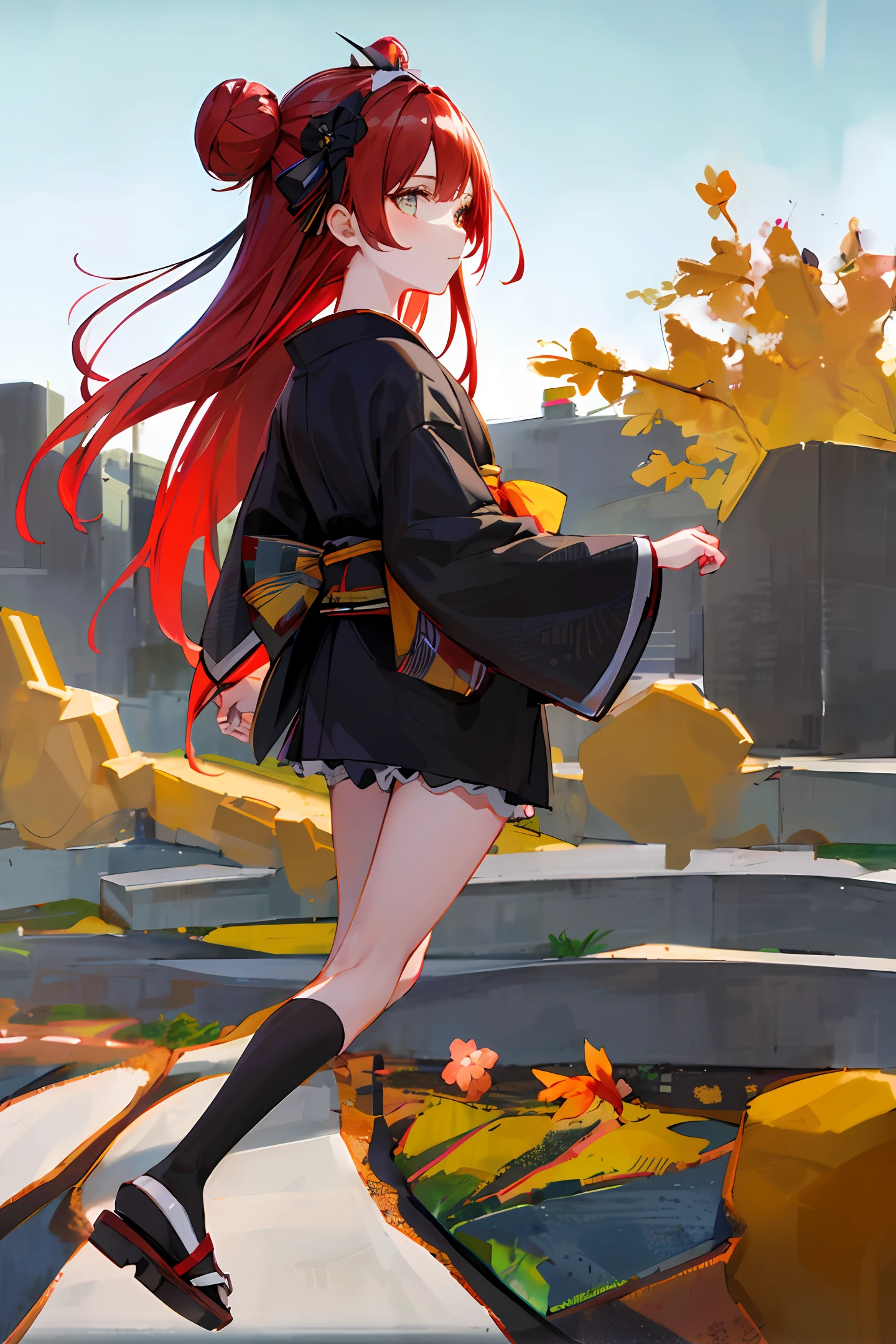 1girl, solo, fox ears, fox tail, long hair, red hair, blue eyes, white blouse, black tight skirt, high-heeled shoes, art gallery, creativity, paintings, exhibition