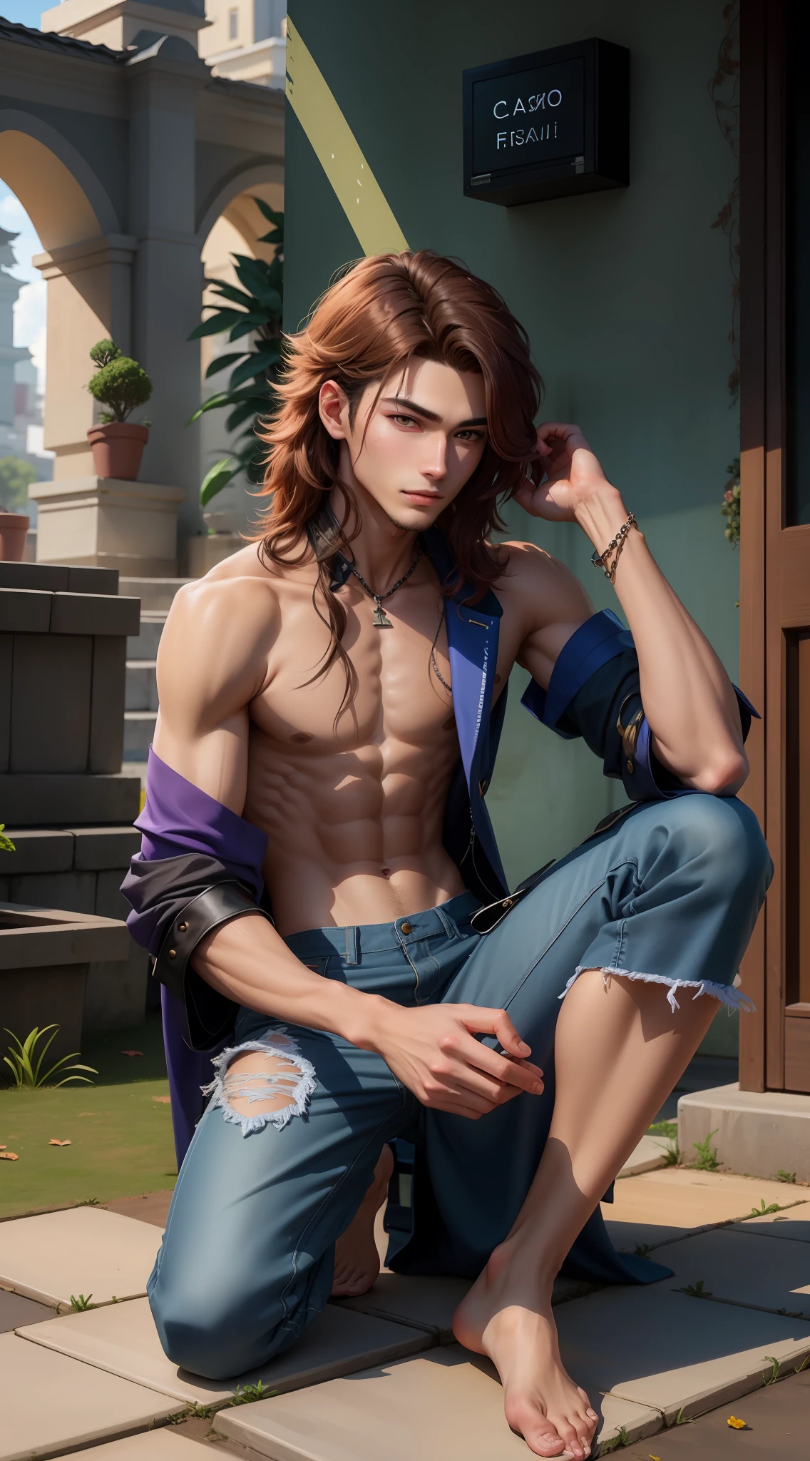 Homem sentado em um degrau com a camisa de fora, pose de anime bonito, Beautiful androgynous prince, androgynous male, attractive androgynous humanoid, Skinny Masculino Fantasia Alquimista, delicate androgynous prince, cara bonito na arte demon slayer, Rasgado, handsome japanese demon boy, Pose masculina, jovem com cabelo longo, jovem bonito