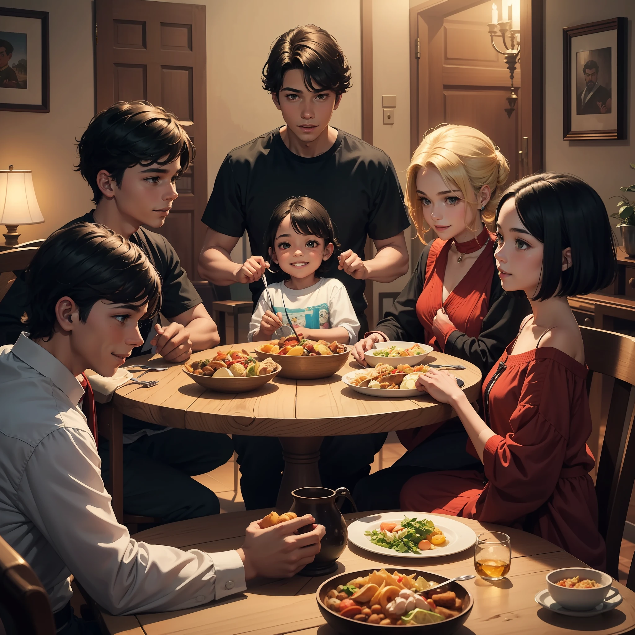 , 13 anos, sorrindo, cabelos negros, olhos castanhos, alegres e marcantes, sitting at a dinner table with his family, estilo cartoon, estilo personagens Disney, Imagem de melhor qualidade --auto