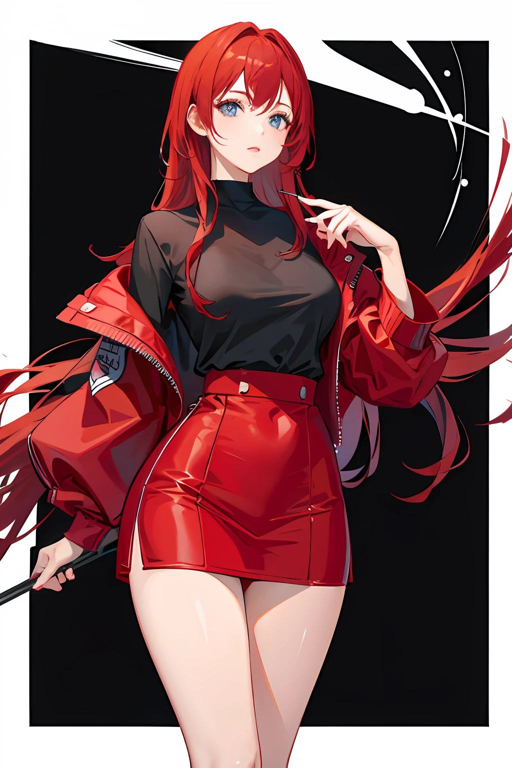 cute feminine mature red hair girl with blue simple eyes wearing scarlet jacket and black shirt