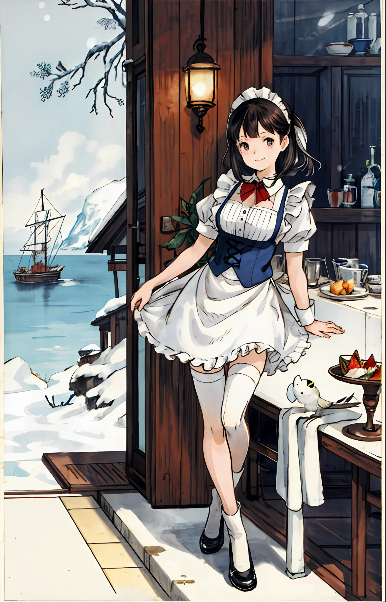 best quality, detailed background, sexy girl,wearing maid cistume, sea, cafeteria, bird, snow, winter,