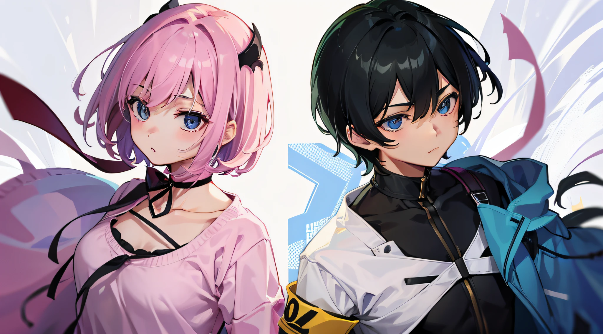 a couple（１Boy、１garl）、short-cut、Background Simple、