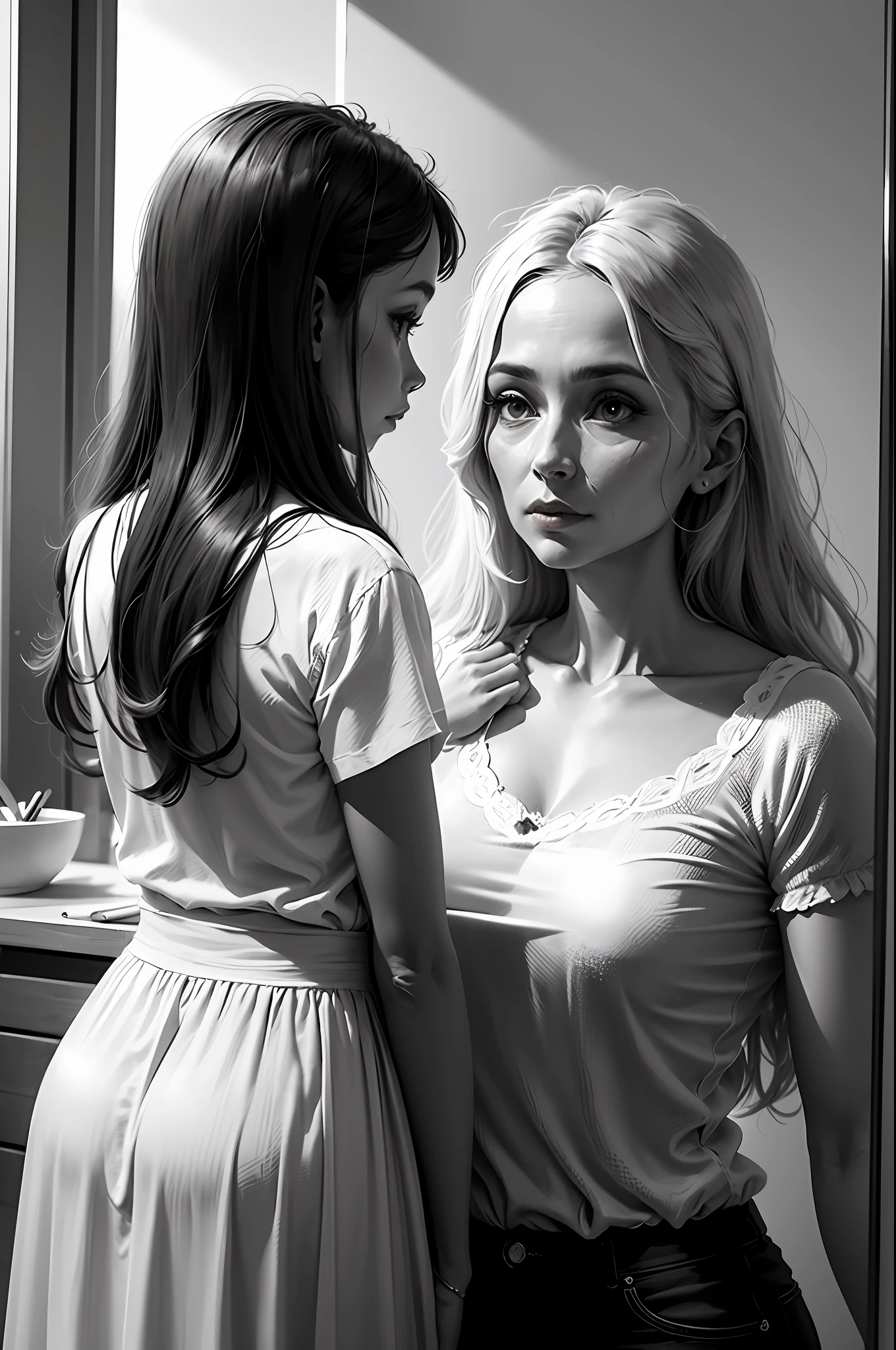 Pencil sketch of mother and daughter looking into a mirror, grey pencil, long hair, older mom 8k no colour black and white --auto