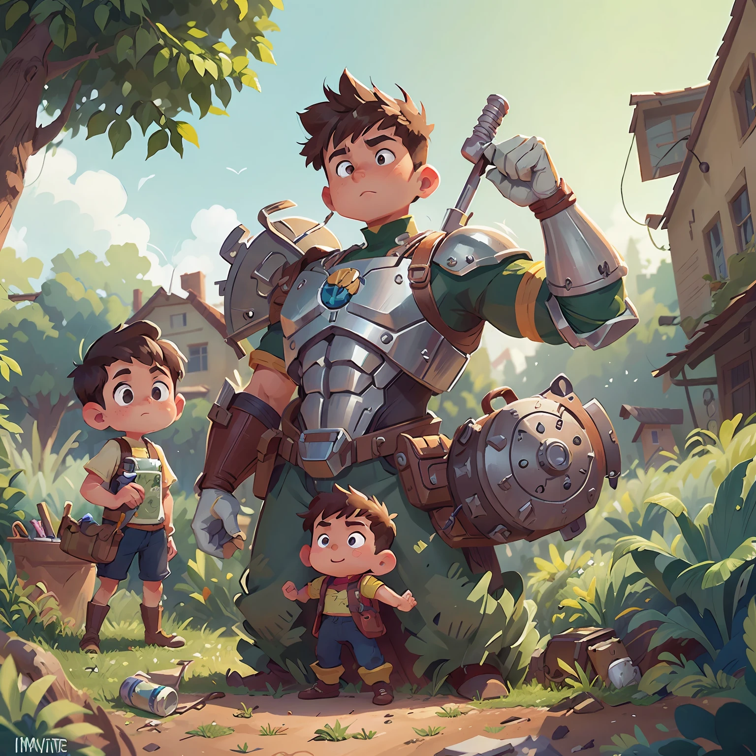 A tin man and a child, both heroes, Junte-se para salvar a cidade. They are known as the "Homem Lata" e "Hero Boy." Its mission is to promote recycling and keep the city clean. They have a special power to turn used cans into powerful tools to combat pollution and waste.
O Homem Lata usa um terno de metal feito inteiramente de latas recicladas, I gave him incredible strength and agility. It can turn your arms into different tools, like a giant magnet or a press to compress cans.
Hero Boy is a young man, enthusiastic child with a deep love for nature. Armed with a magical recycling book, Hero Boy can bring inanimate objects to life and turn waste into beautiful creations.
Your adventures take place in a charming storybook-style town, with colorful buildings and lush vegetation. The city is often under threat from pollution monsters, and it's up to the Tin Man and the Hero Boy to protect him.
Your task is to create white background images of the Tin Man and the Hero Boy in different poses. Show them fighting pollution, Reciclagem de latas, and turn waste into fine art. As imagens devem ter um toque caprichoso e imaginativo, capture the essence of a storybook tale.
Feel free to use your creativity and storytelling skills to bring these characters to life through your artwork. Remember to emphasize the importance of recycling and environmental protection in your images.