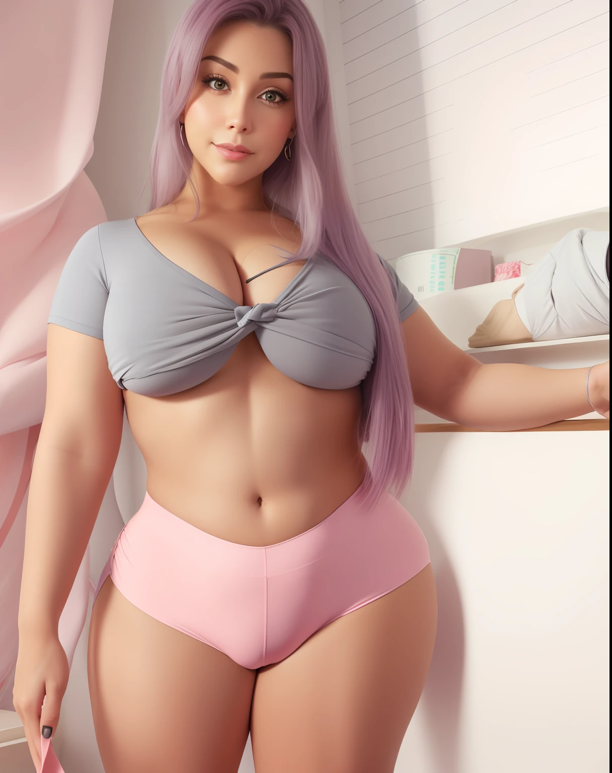 A closeup of a woman in pink pants and gray top, thick thieves, beautiful thick female, corpo grosso, thicc, traje apertado, grosso, cintura magra e quadris grossos, roupa apertada, ela tem uma barriga redonda gorda e agitada, quadris largos, body curvy, coxas grossas, sexy look at the camera, Violeta Myers, pata de camelo,quadris mais largos