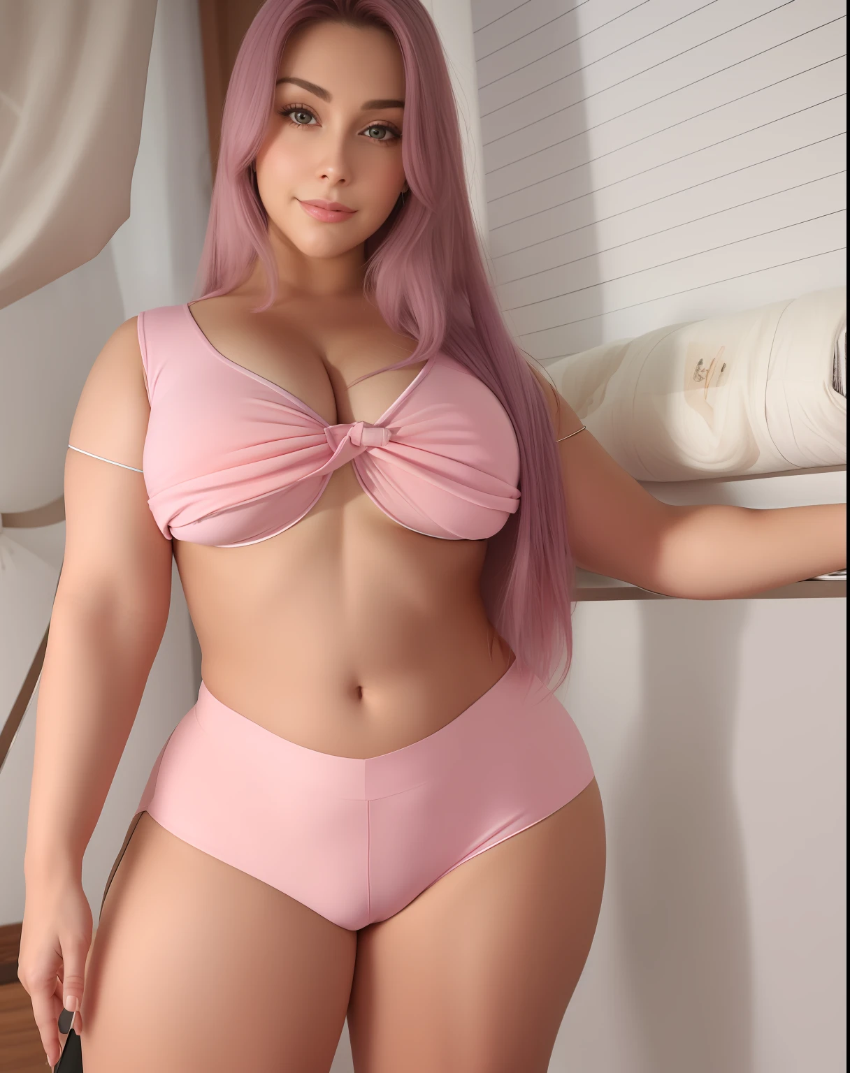 A closeup of a woman in pink pants and gray top, thick thieves, beautiful thick female, corpo grosso, thicc, traje apertado, grosso, cintura magra e quadris grossos, roupa apertada, ela tem uma barriga redonda gorda e agitada, quadris largos, body curvy, coxas grossas, sexy look at the camera, Violeta Myers, pata de camelo,quadris mais largos