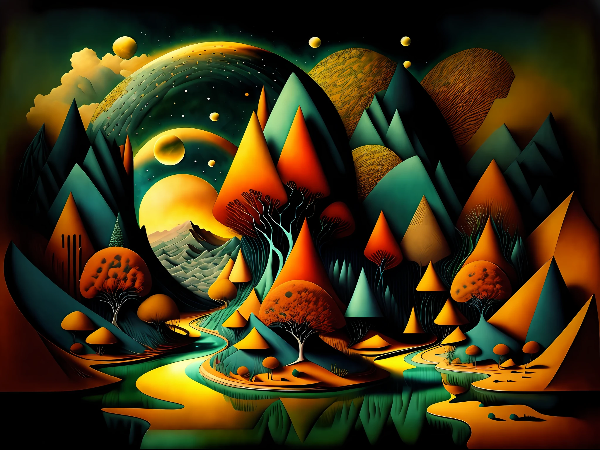 Hexagon Landscape art, cinematiclight, Sombras largas, volumetic, ethereal, Contraste saturado vibrante, liquid ink and oil mixed with watercolor, la mirada de Beksinski, Tamara Lempicka,La noche estrellada de Van Gogh, Los colores de Afremov, El estilo de Paul Klee, Gustav Klimt's lines, El blues de Marc Chagall, Vasily Kandinsky's Balance and the Location of the Mojave Desert. Hecho con un constructivista, Acento minimalista y art deco