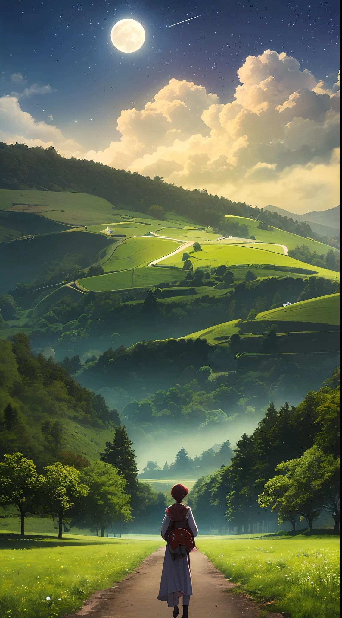 Fantasy, masterpiece,ultra realistic,Full moon, meadow,beauty sky,falling star,night --auto