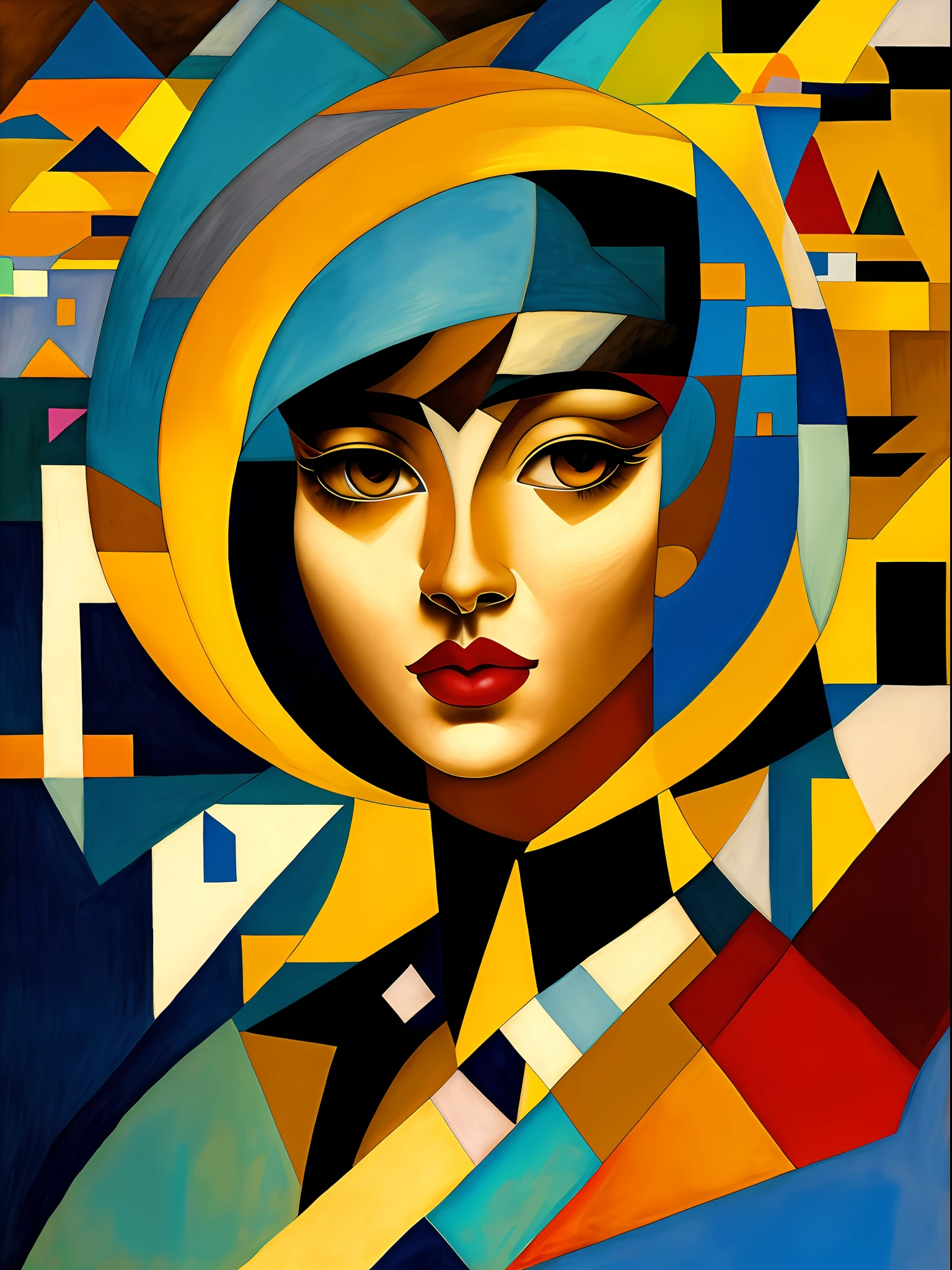 Create a painting that explores the intersection of surrealism, cubismo, Art deco, constructivismo, Modernismo, y minimalismo. La pintura debe ser del estilo de Tamara Lempicka, Paul Klee, Michael Parkes, Gustav Klint, Raffaello Ossola, Tiffany Bozic, Tim O’Brien, Wassily Kandinsky, Catalina Abel, Marc Chagall, Franz Marc, Jorge Gonzalez Camarena, Dimitar Bogdanov, Michael Caballo, Wassily Kandinsky, Hieronymus, Ray Caesar, Nicoletta Ceccoli, Fragonard, Conrad Roset, Picasso, y Vermeer. La paleta de colores debe ser tenue, and painting should evoke a meditative mood. The painting must be a reflection of the artist's interpretation of the world., Exploring the limits of reality and imagination