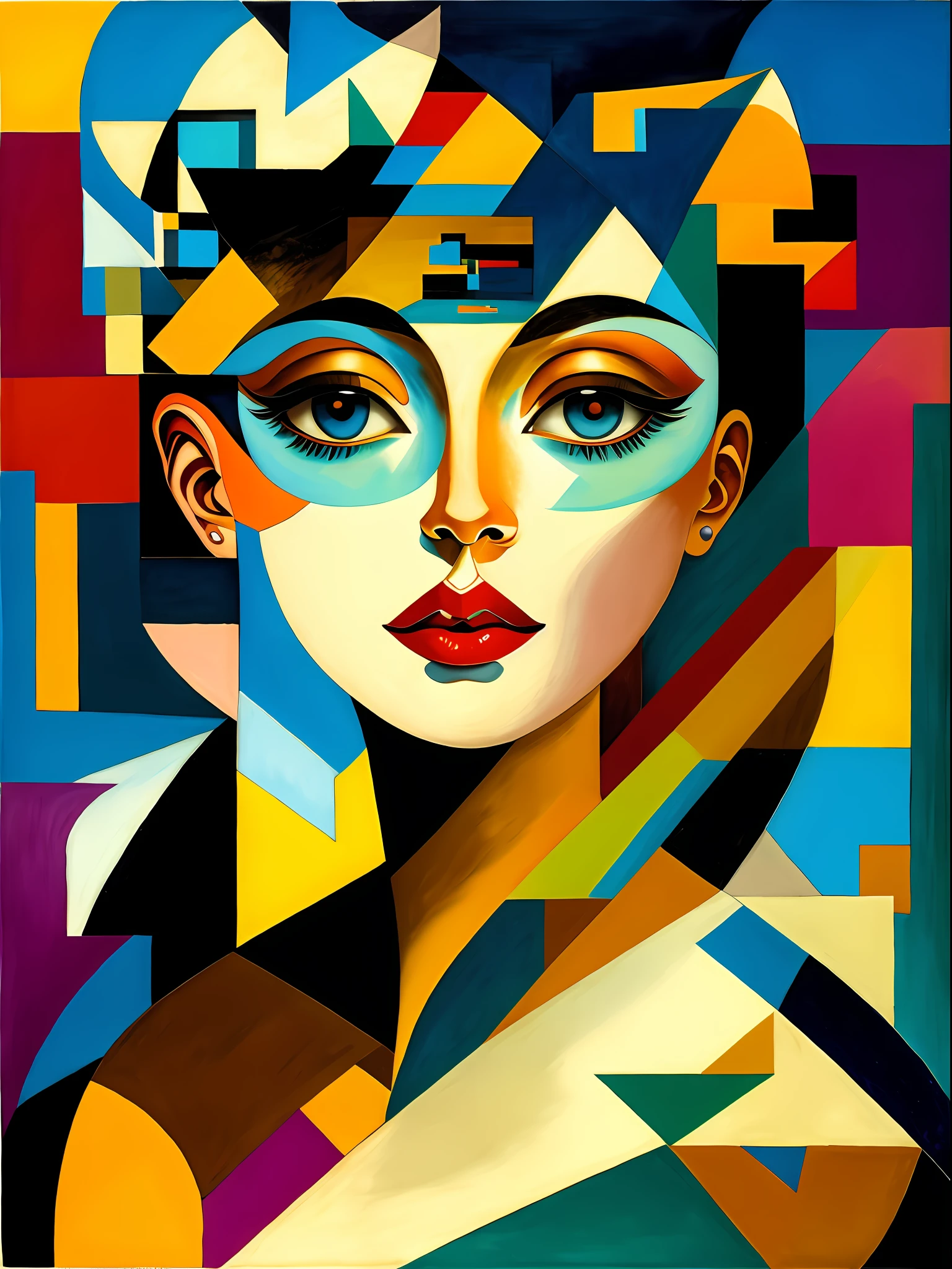 Create a painting that explores the intersection of surrealism, cubismo, Art deco, constructivismo, Modernismo, y minimalismo. La pintura debe ser del estilo de Tamara Lempicka, Paul Klee, Michael Parkes, Gustav Klint, Raffaello Ossola, Tiffany Bozic, Tim O’Brien, Wassily Kandinsky, Catalina Abel, Marc Chagall, Franz Marc, Jorge Gonzalez Camarena, Dimitar Bogdanov, Michael Caballo, Wassily Kandinsky, Hieronymus, Ray Caesar, Nicoletta Ceccoli, Fragonard, Conrad Roset, Picasso, y Vermeer. La paleta de colores debe ser tenue, and painting should evoke a meditative mood. The painting must be a reflection of the artist's interpretation of the world., Exploring the limits of reality and imagination