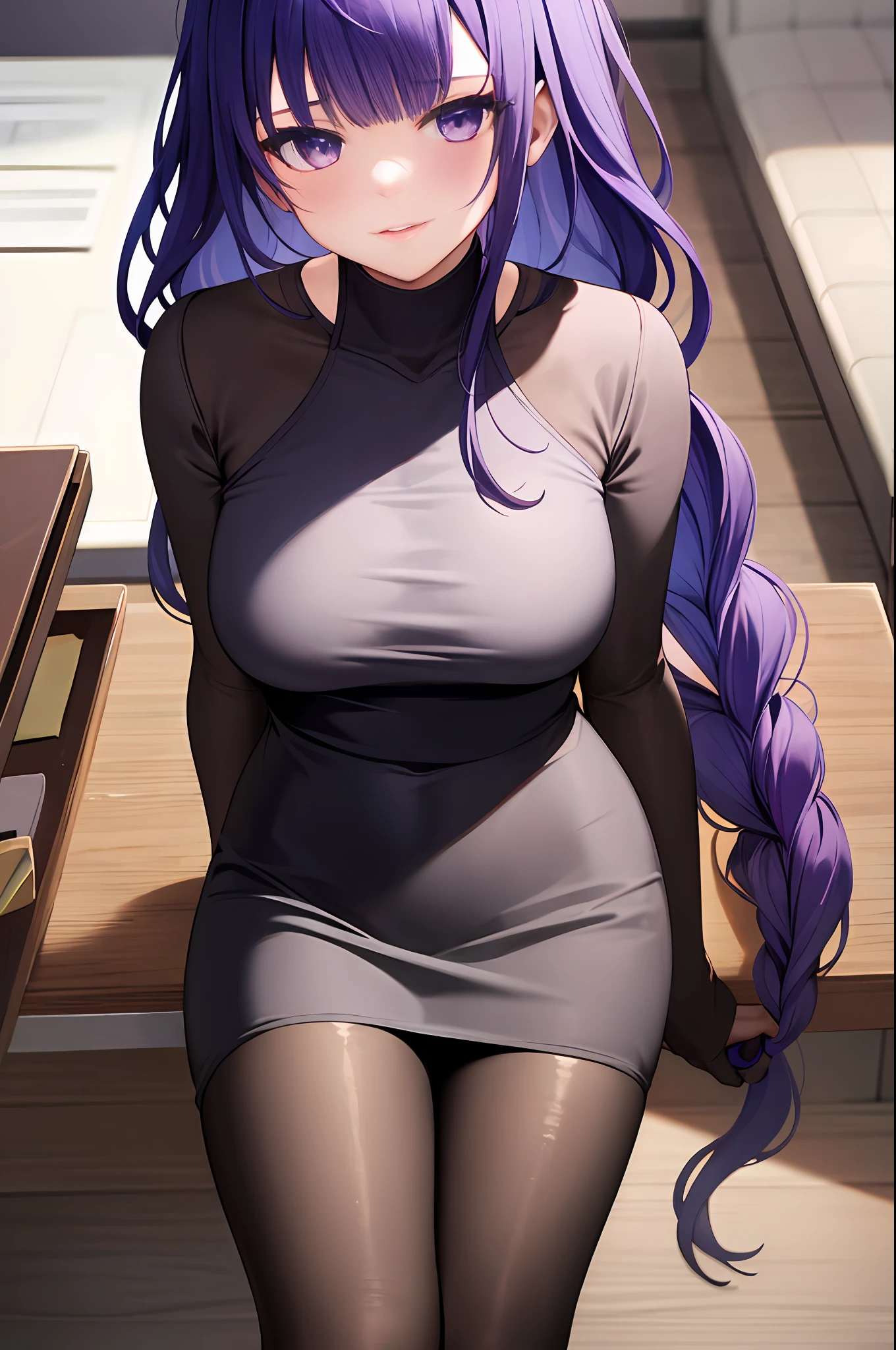 masterpiece, best quality, 1girl, solo, raiden_genshin, office lady, pencil skirt, wearing pantyhose,looking at viewer, from behind upper torso, close-up