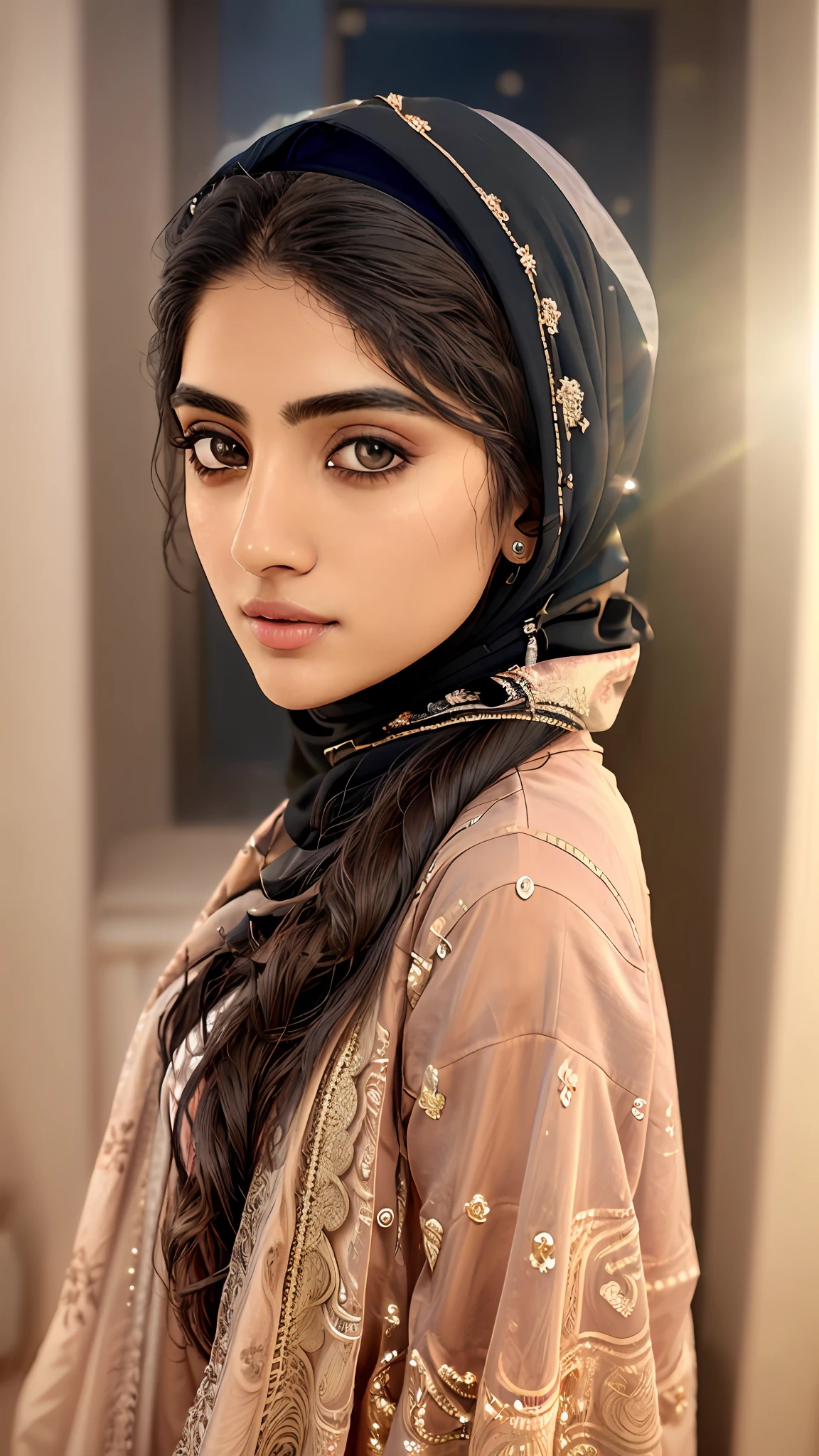 Full body shot photo of a mix of a Muslim hijabi girl , wearing a Bengali style loose casual nighty detailed face , detailed eye ,best quality masterpiece, photorealistic, detailed, 8k, HDR, shallow depth of field, broad light, high contrast, backlighting, bloom, light sparkles, chromatic aberration, sharp focus, RAW color photo,