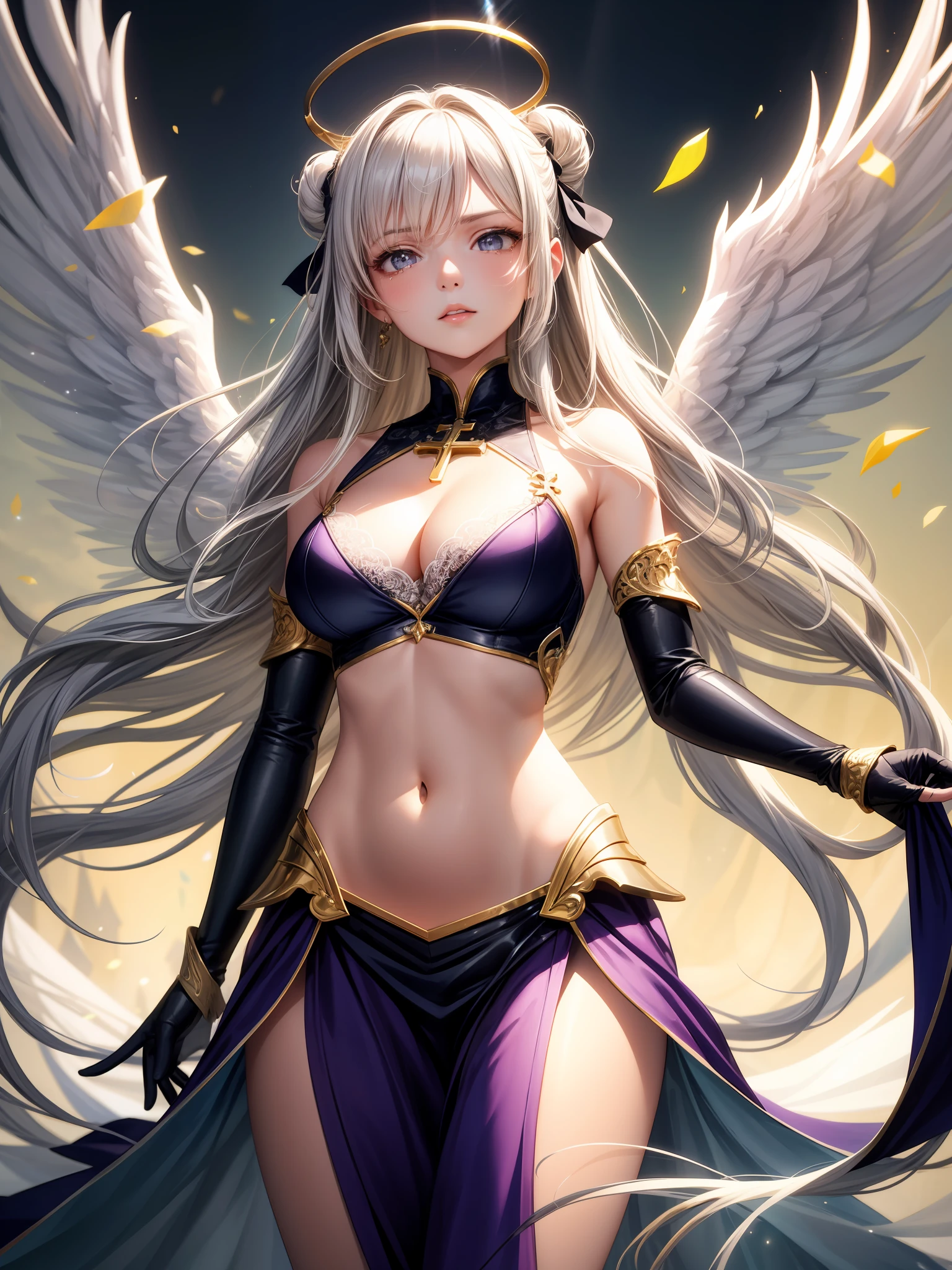 realisticlying、(女の子 1 人)、white hair、verd s eyes、radiant eyes、Parted lips、natta、3d, intricate detail, fresco, Show from the hips to the shoulders, from_below, Personage as the main perspective, armpits, beautifully painted, girl,woman,female, young,20 years old, very long hair, flipped hair, wept bangs, hair pulled back, floating hair, sidelocks, blonde hair, multicolored hair, shiny hair, delicate beautiful face, serious, closed_eyes, parted_lips, Delicate arms and hands, nail_polish, cleavage, navel, , silver eyes, Authentic skin texture, cross, hair_bow, gem necklace, large wings, Crystalline purple gemstone gloves, floating magic ball, cape, no_bra, translucent fluttering skirt, lace flowing and melt, cleavage_cutout, Exquisite cloth, blonde Clothes, surreal, flowing silver, flowing transparent black, Beautiful and detailed black, holy, extremely detailed CG unity 8k wallpaper, very precise detailed, very fine 8KCG wallpaper