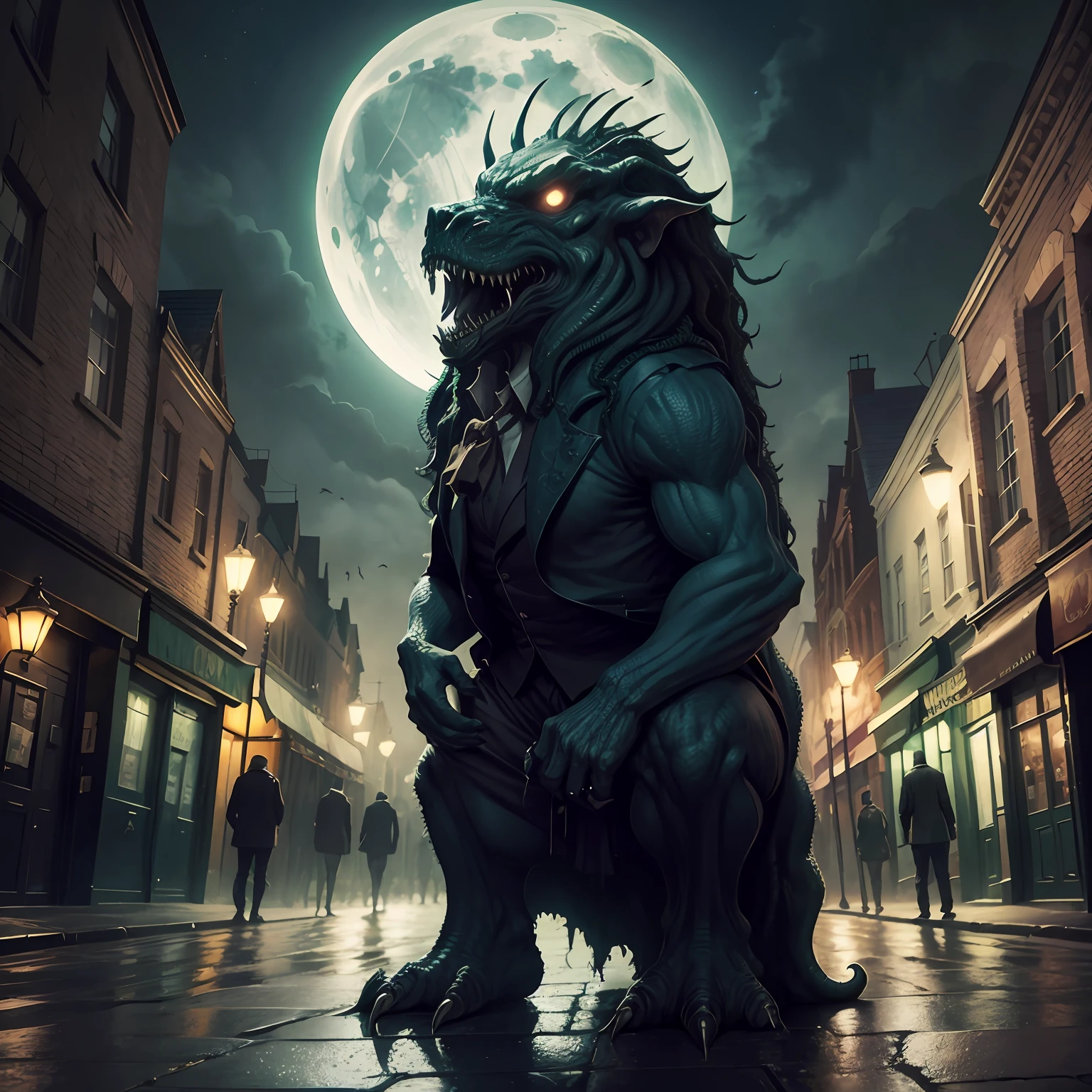 Make a horror scenario based on the works of Lovecraft Call of Cthulhu, Where in the streets of Londre are full of deformed creatures roam the city at night in the moonlight --auto