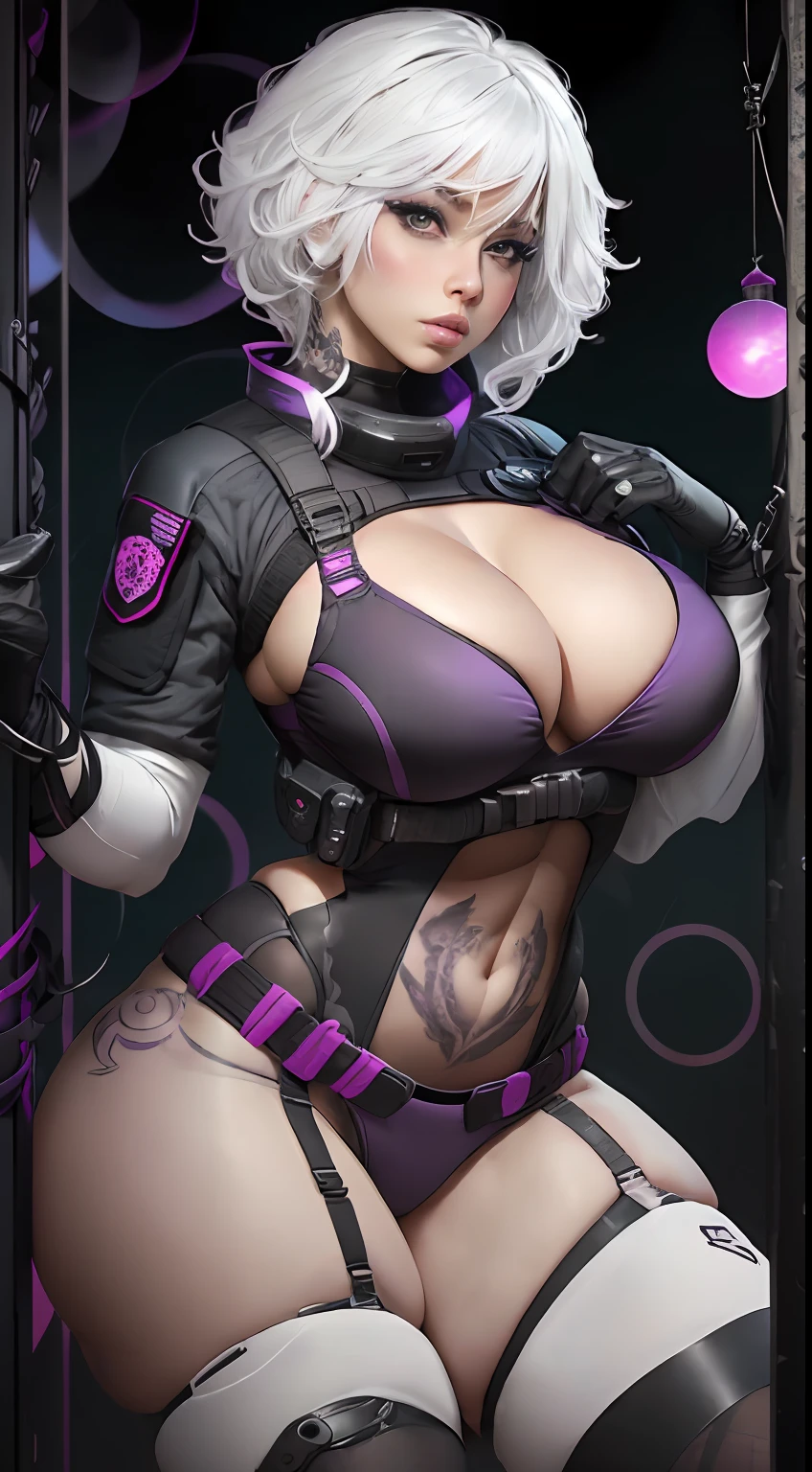 black, pink, white, purple, (white hair woman), (full body shot), tattoos, voluptuous, big breasts, cleavage, sexy, erotic, (tactical techwear clothes:1.1),abstract lines and circles background