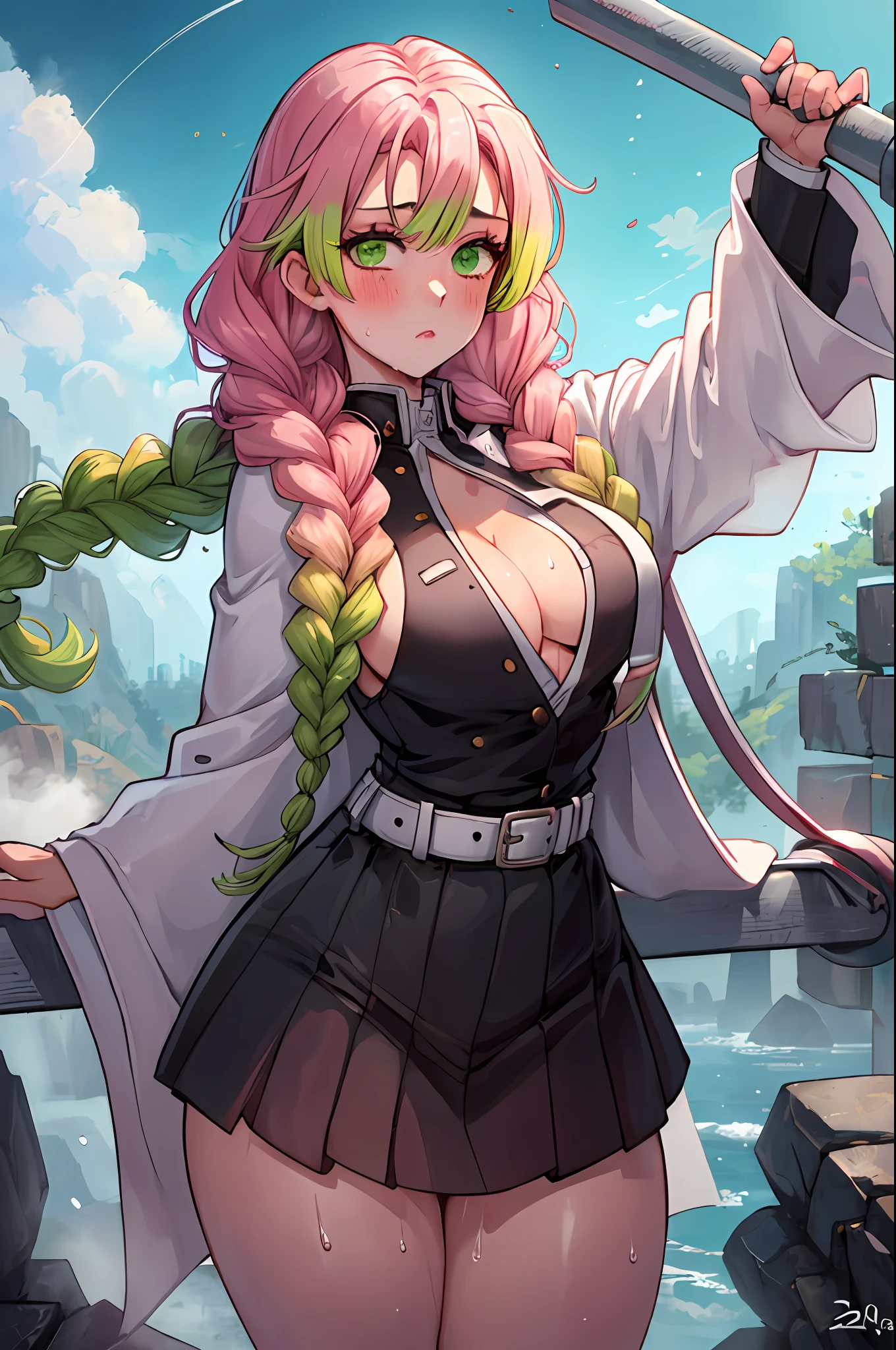 beautiful, (best quality, masterpiece, super detailed: 1.5), perfect lighting, shiny, hires, nature, cobblestone, steam, blue sky, in the distance, whole body, face focus, 1girl, Mitsuri (demon slayer), beautiful girl, beautiful face ((Mitsuri (demon slayer))), a girl with long green-pink gradient hair and green eyes in a long-sleeved jacket with a neckline, white haori, a black skirt with a silver belt and green striped hips, pink hair, green hair, gradient hair, multicolored hair, long hair, bangs, double braids, green eyes, demon slayer uniform, long sleeve jacket, white haori, black skirt, silver belt, green striped thighs, blush, sweat, realistic, chest, wide hips, (thick barbells: 0.9), décolleté, standing, hands behind your back, viewer look, erotica