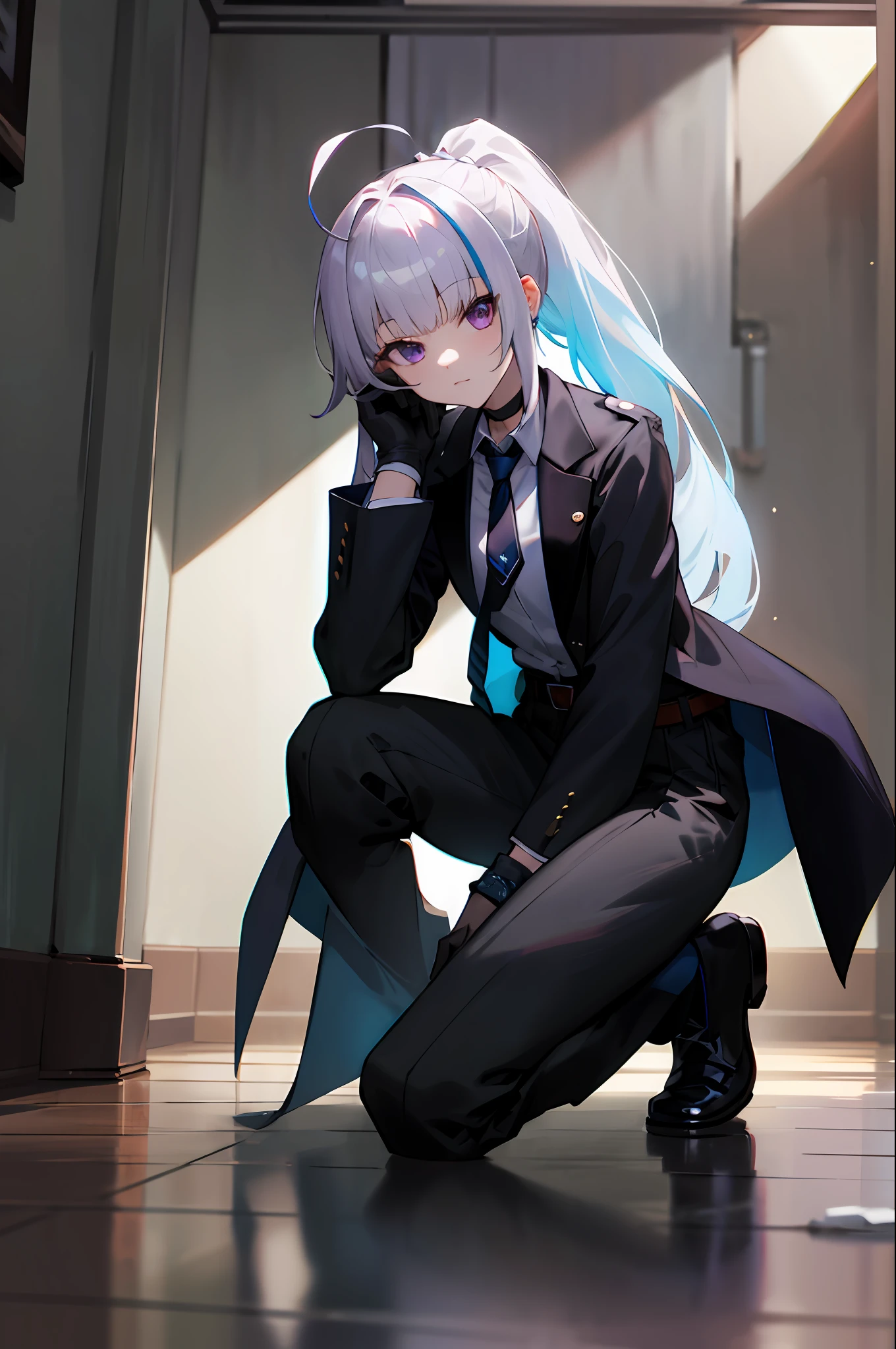 best quality, ultra-detailed, dolla, 1girl, solo, long_hair, breasts, bangs, shirt, gloves, long_sleeves, closed_mouth, jacket, full_body, ponytail, white_shirt, ahoge, open_clothes, necktie, choker, black_gloves, belt, collared_shirt, pants, , black_footwear, open_jacket, black_jacket, , formal, black_pants, suit,, purple_necktie, earpiece, (one knee, :1.4) room, indoors,   (looking at viewer:1.3),, (tilt head ,hand on own head:1.2),