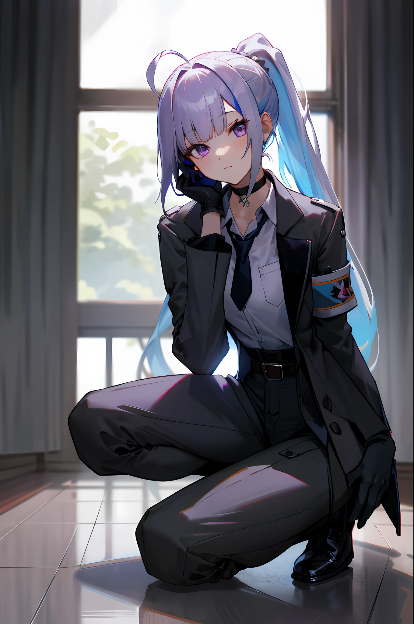 best quality, ultra-detailed, dolla, 1girl, solo, long_hair, breasts, bangs, shirt, gloves, long_sleeves, closed_mouth, jacket, full_body, ponytail, white_shirt, ahoge, open_clothes, necktie, choker, black_gloves, belt, collared_shirt, pants, , black_footwear, open_jacket, black_jacket, , formal, black_pants, suit,, purple_necktie, earpiece, (one knee, :1.4) room, indoors,   (looking at viewer:1.3),, (tilt head ,hand on own head:1.2),