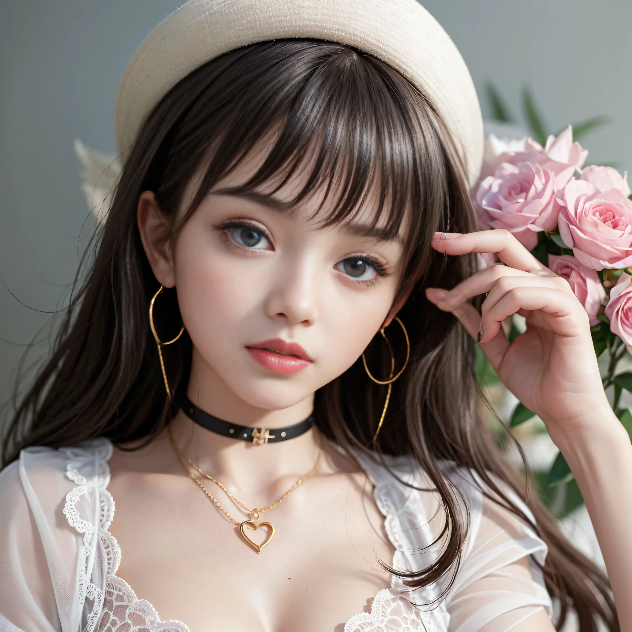 ((Super masterpiece、top-quality、ultra-definition、超A high resolution))、1girl in、Beautiful daughter、portrait of upper body、Close-up photos、reallistic、I'm standing、super model、Raw photo、Nikon SLR D6、portrait shooting、Super beauty、a beauty girl、radiant eyes、perfect eyes、18year old、standingn、Healthy beauty、5 fingers on the hand、Pale light blue underwear、red-lips、perfectly proportions、The Golden Rule、Slender figure、a choker、a necklace、耳Nipple Ring