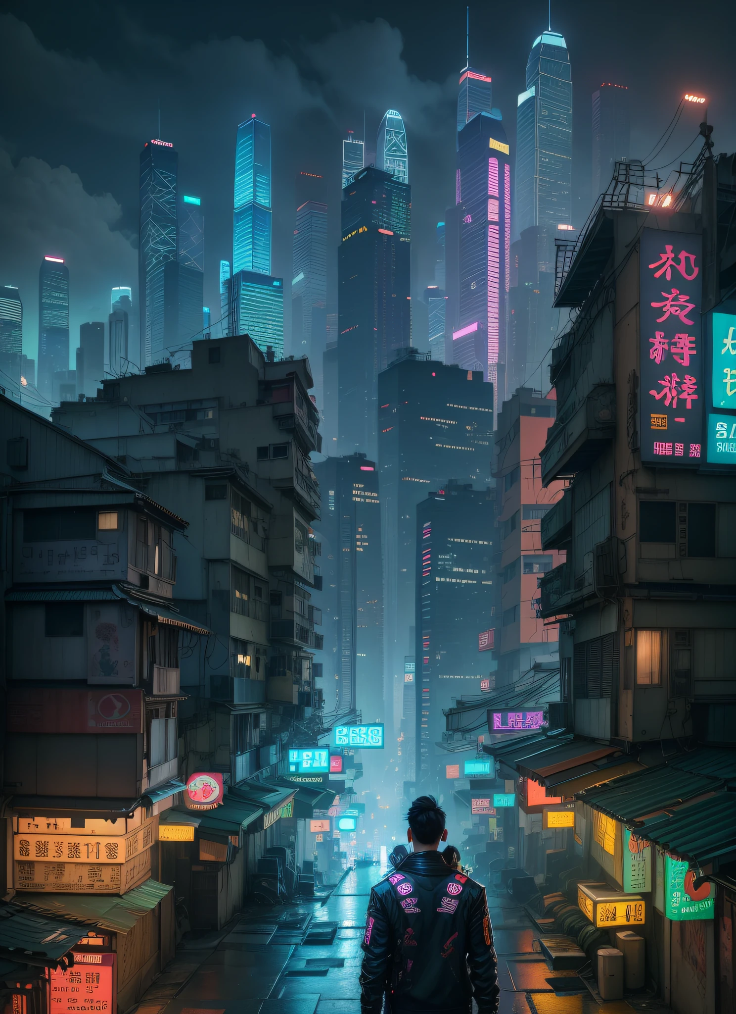 Hong Kong's Street, cyberpunk, vapor punk, a man, from the back, looking at the skyscrapers, helpless and lonely, centered, long distance, raining, (extremely detailed:1.2), (intricate neon slums in the background:1.1), hyper-detailed, (soft lighting:1.2), high resolution, realistic, filmic grain, ray tracing, Masterpiece, 8K, RAW.