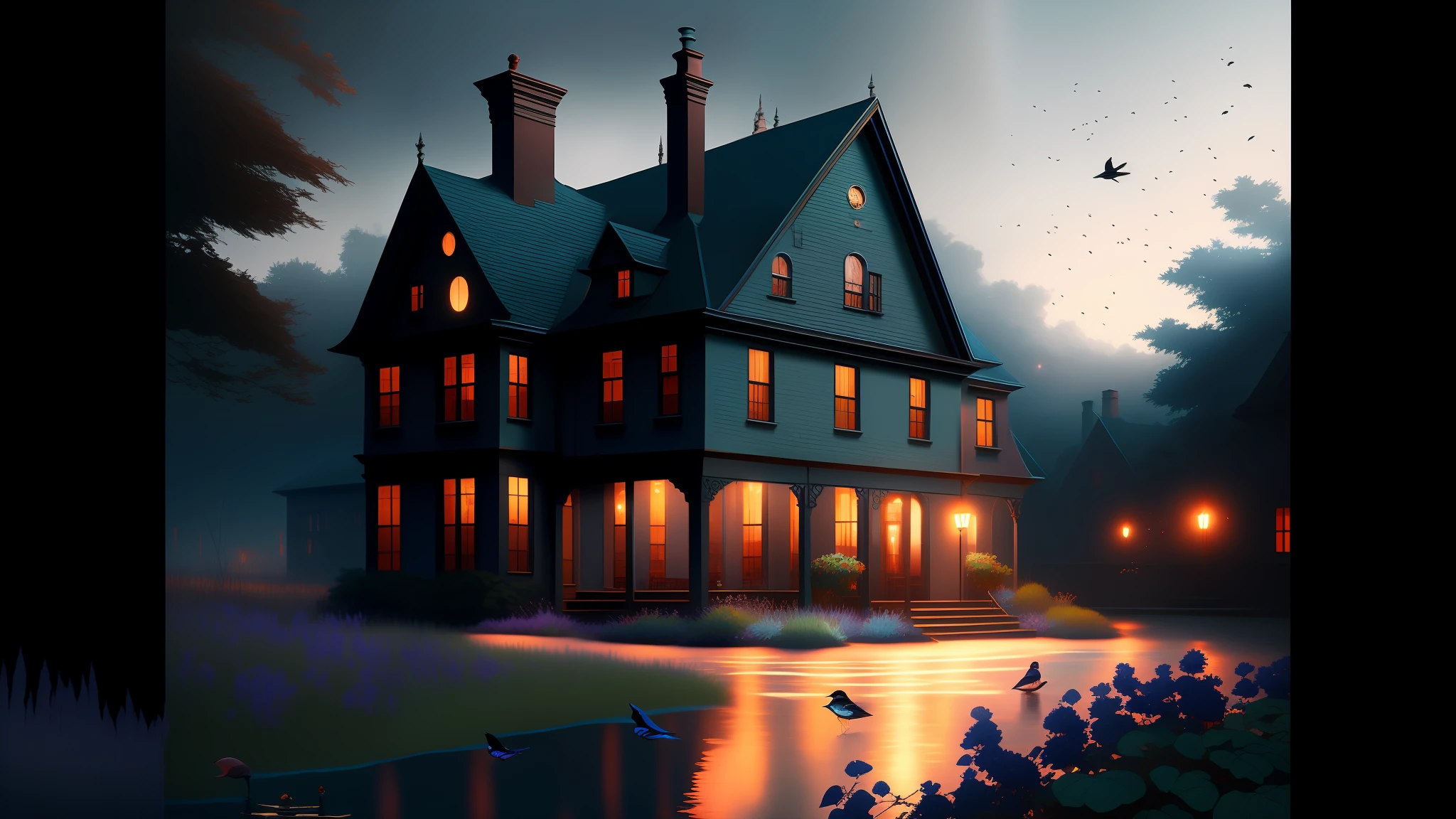 dreamlikeart between two 19th-century Mansion buildings in Batavia, a surreal small twilight creek-garden, rose-brambles, candle-birds, tiny mystery-magic, serene overcast atmosphere, midnight-blue, blue-black, royal-blue, navy-blue, cel-shading, cinematic, edge-to-edge print, rendered by Studio Ghibli, Alyssa Monks, Andreas Rocha, David Kassan, Neil Blevins, Tuomas Korpi, ArtGerm