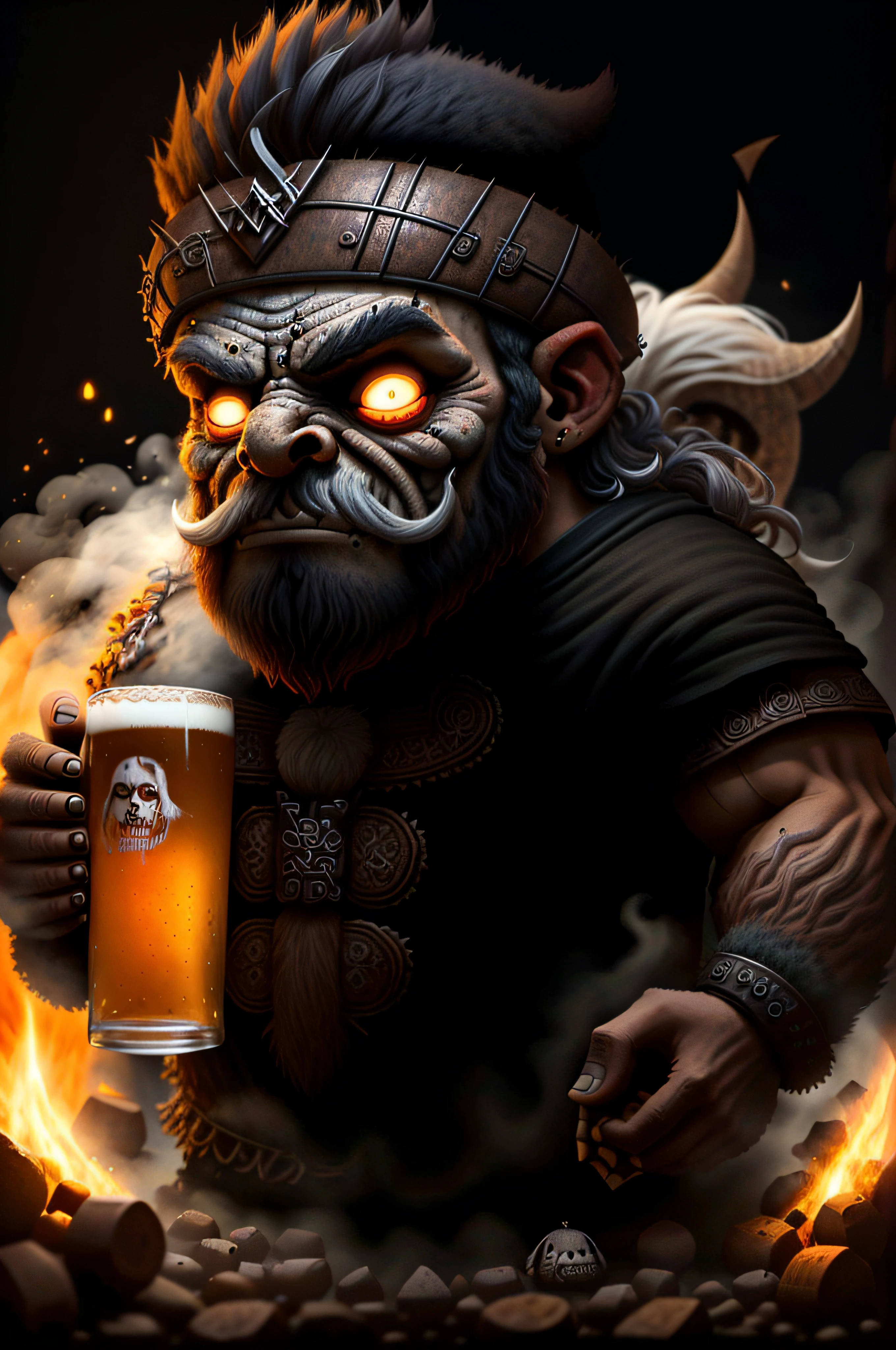 homem barba negra, mago velho viking, fundo preto, beer in hand, terror