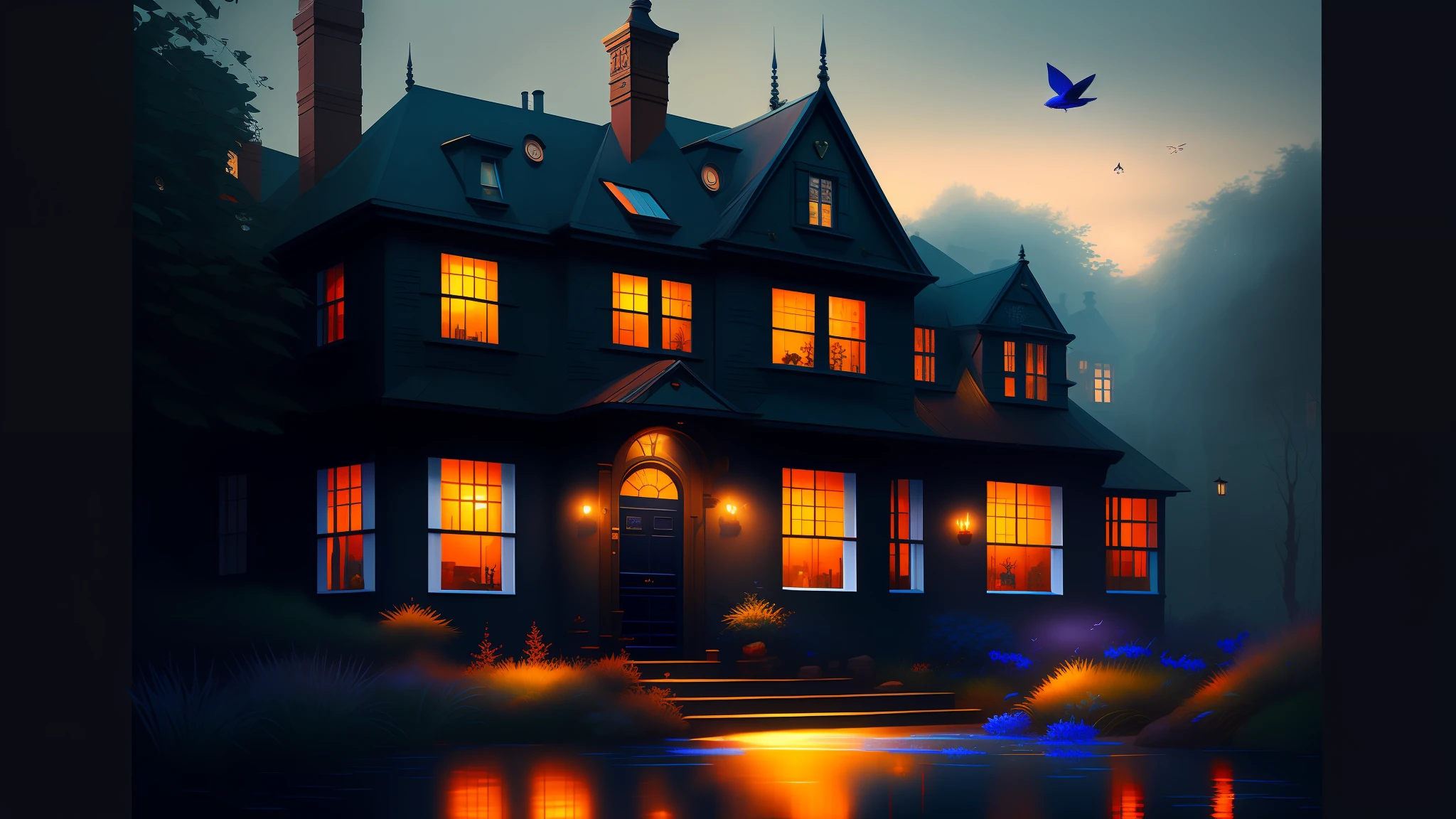 dreamlikeart between two 19th-century Mansion buildings in Batavia, a surreal small twilight creek-garden, rose-brambles, candle-birds, tiny mystery-magic, serene overcast atmosphere, midnight-blue, blue-black, royal-blue, navy-blue, cel-shading, cinematic, edge-to-edge print, rendered by Studio Ghibli, Alyssa Monks, Andreas Rocha, David Kassan, Neil Blevins, Tuomas Korpi, ArtGerm