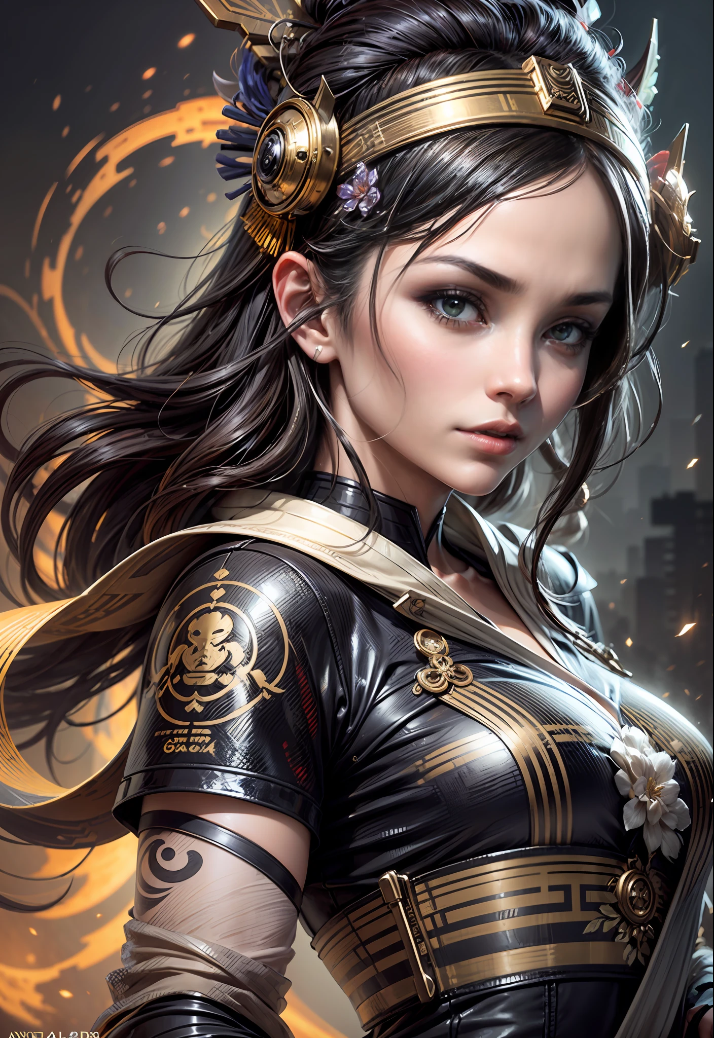 Hyperrealism detailed bio-fi genetic geisha transcendence belle Navigator, apical fashion, perfect face shading, ww2 combat helmet, aesthetics, light vanta black copper coating, blazing gold gloss, connecting glowing flowing hair, QR-Code Glyphs, radio active prismatic molecules, soft impressionist brush strokes, subtle sublime color, tight crop, muted colors, portrait painting, action pose, fill the whole picture, rich hyper details, vivid global light, 3D pristine 8K sleek, perfect inventor composition, realistic impressive shadow shading, WLOP, professional ominous concept art, an intricate, elegant, highly detailed digital painting, concept art, smooth, sharp focus, illustration, in the style of Michael Parkes