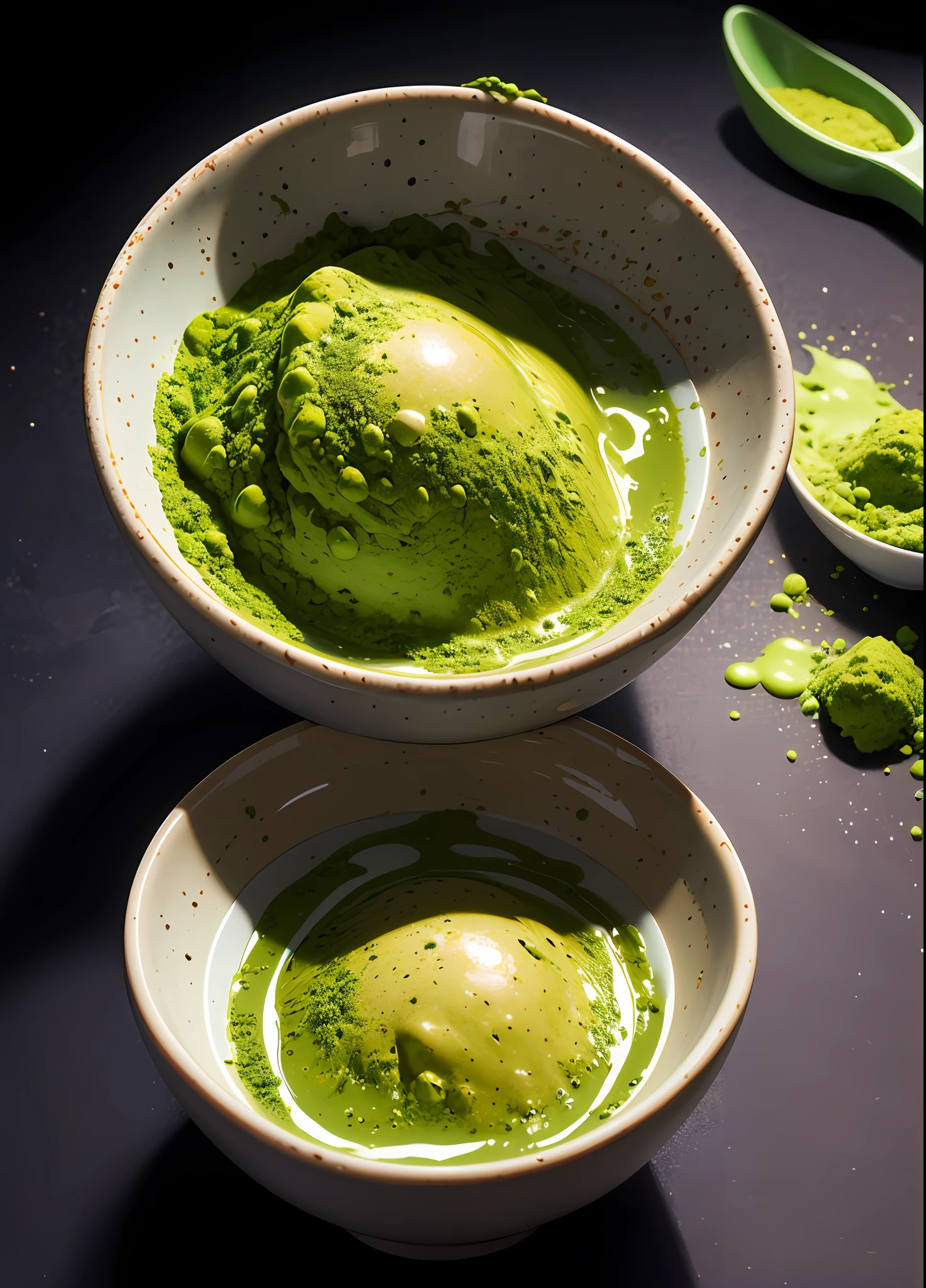 with black background,Pure natural matcha powder,realisticlying,wholesome,green color,Pour into a large black bowl from top to bottom,The matcha powder in a large bowl is piled into a tip
