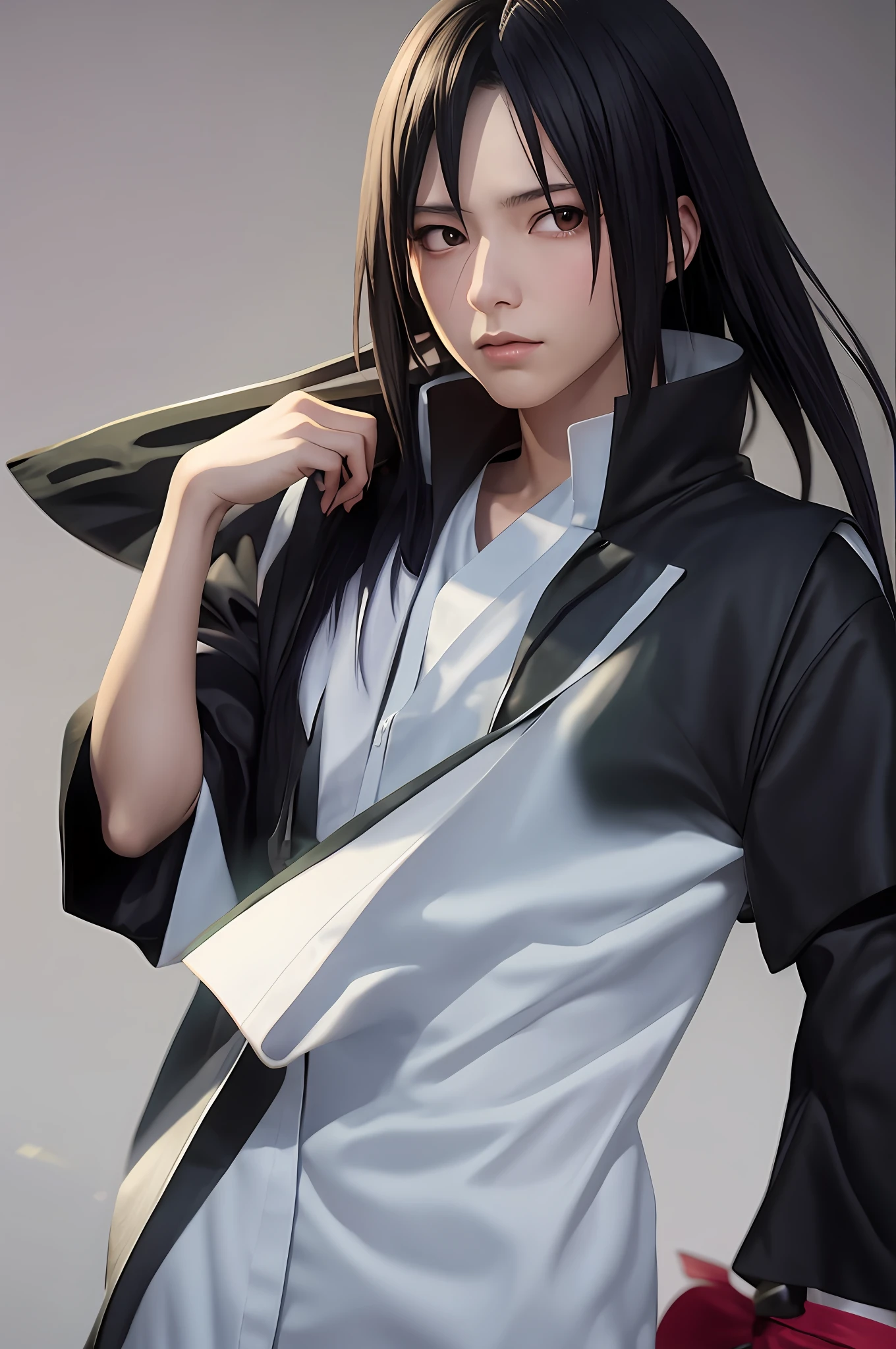 Anime - imagem de estilo de um menino com cabelo preto longo e uma capa, itachi uchiha, Artgerm e Atey Ghailan, feito com anime painter studio, itatchi uchiha, inspirado em Chen Jiru, arte de anime realista, sasuke uchiha, gama murata e artgerm, Masayoshi Suto e Artgerm
