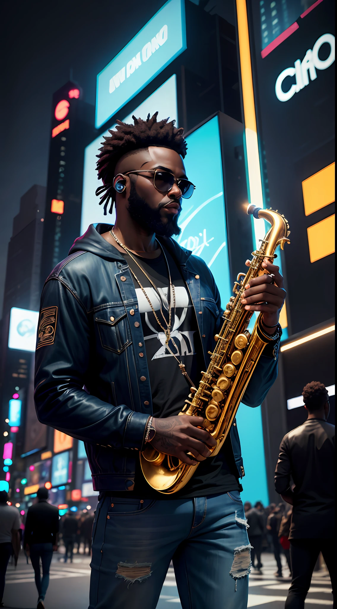 cantor rick ross com bené,jeans and headphones with a mystical and dark theme playing sax , time square, Dramatic Lighting Night,neon ,hiper detalhe (fundo detalhado: 1.4) luz cinamatica corpo detalhado, --auto