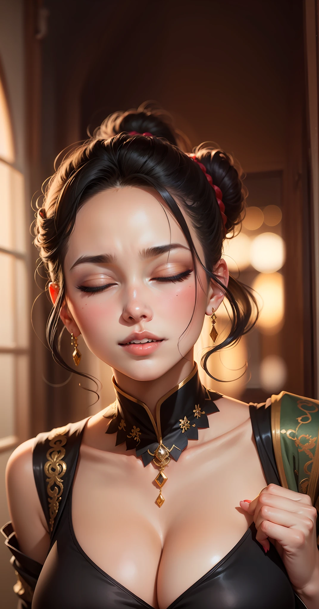 Sexy woman, black hair, neat bun, closed eyes, lips parted, deep blush, flustered, beautiful face, long forehead, lips parted, kissable lips, sensual, lips parted, deep blush, flustered, beautiful long neck, collarbone, medium chest, cleavage, black kurta