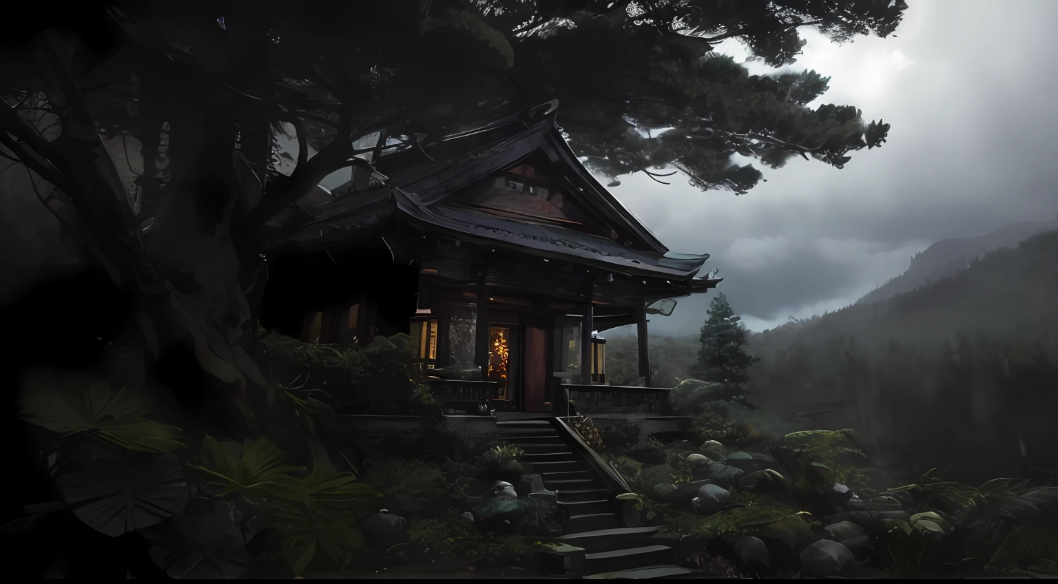 uma foto escura e sombria de uma casa na floresta, Japanese Cyberpunk Temple, arte conceitual escura fotorrealista, Casa Japonesa, dojo em uma montanha, japanese temple, inspired by Kōshirō Onchi, Akihiko Yoshida. Motor irreal, inspired by Kanō Hōgai, Arte digital escura, mas detalhada, arquitetura japonesa antiga